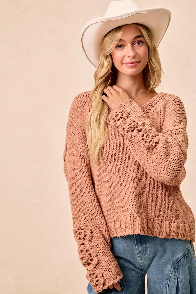 BiBi Chunky Knit Sweater with Flower Detail Sleeves - PBNJ FASHIONS