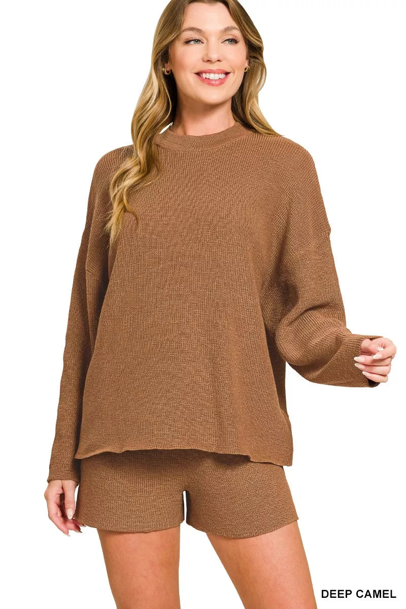 Zenana Round Neck Knit Top and Shorts Sweater Set - PBNJ FASHIONS