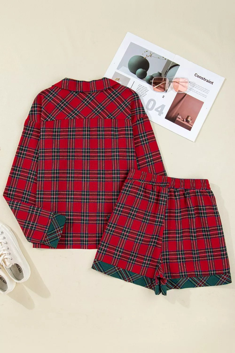 Plaid Contrast Patched Christmas Holiday Long Sleeve Shirt and Short 2pcs Pajama Set - PBNJ FASHIONS