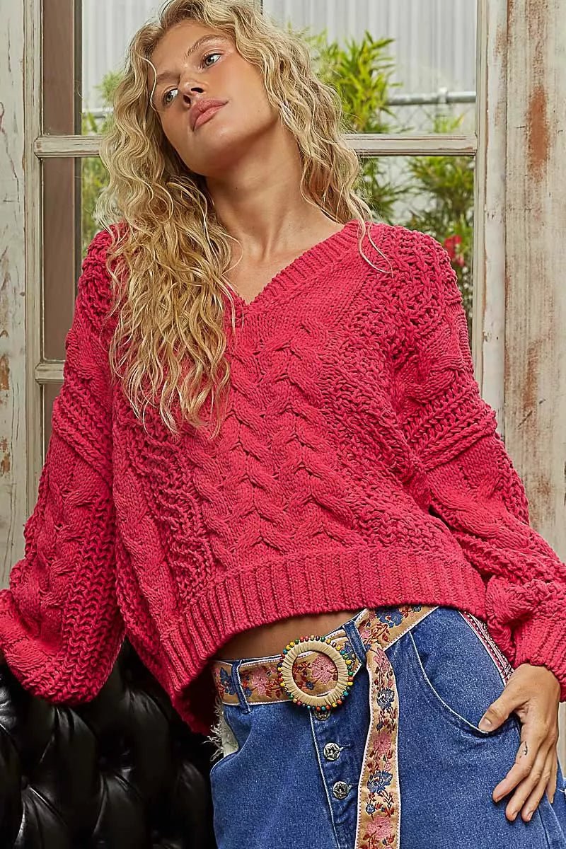 POL Cable - Knit Solid V - Neck Cropped Sweater - PBNJ FASHIONS