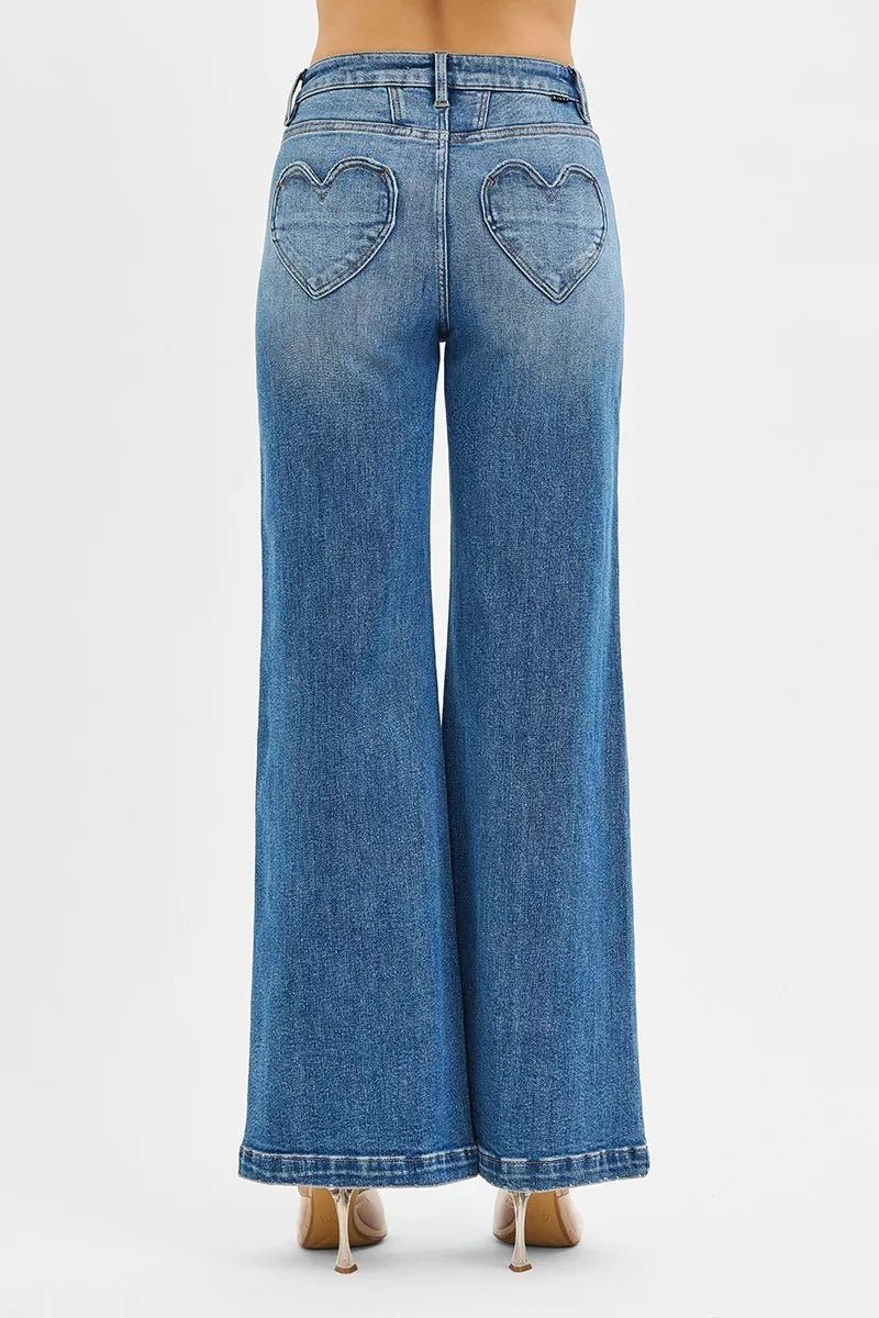 RISEN High Rise Wide Leg Jenas with Front Yoke and Heart Back Pocket - PBNJ FASHIONS