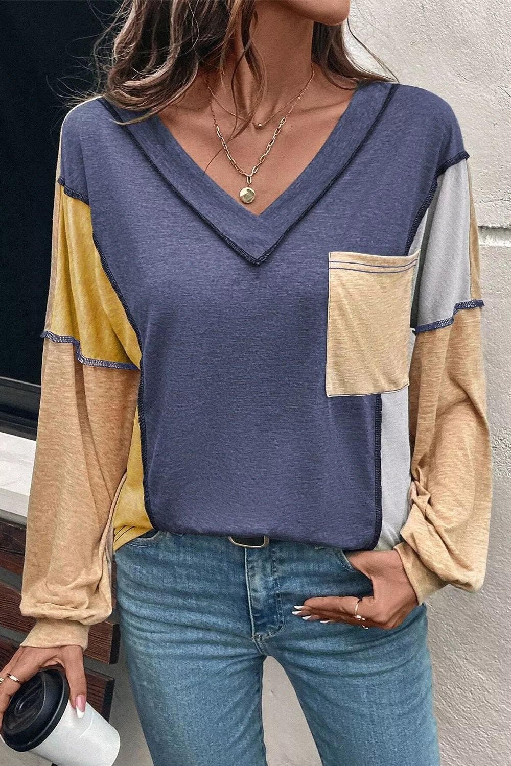Color Block V - Neck Long Sleeve Blouse - PBNJ FASHIONS