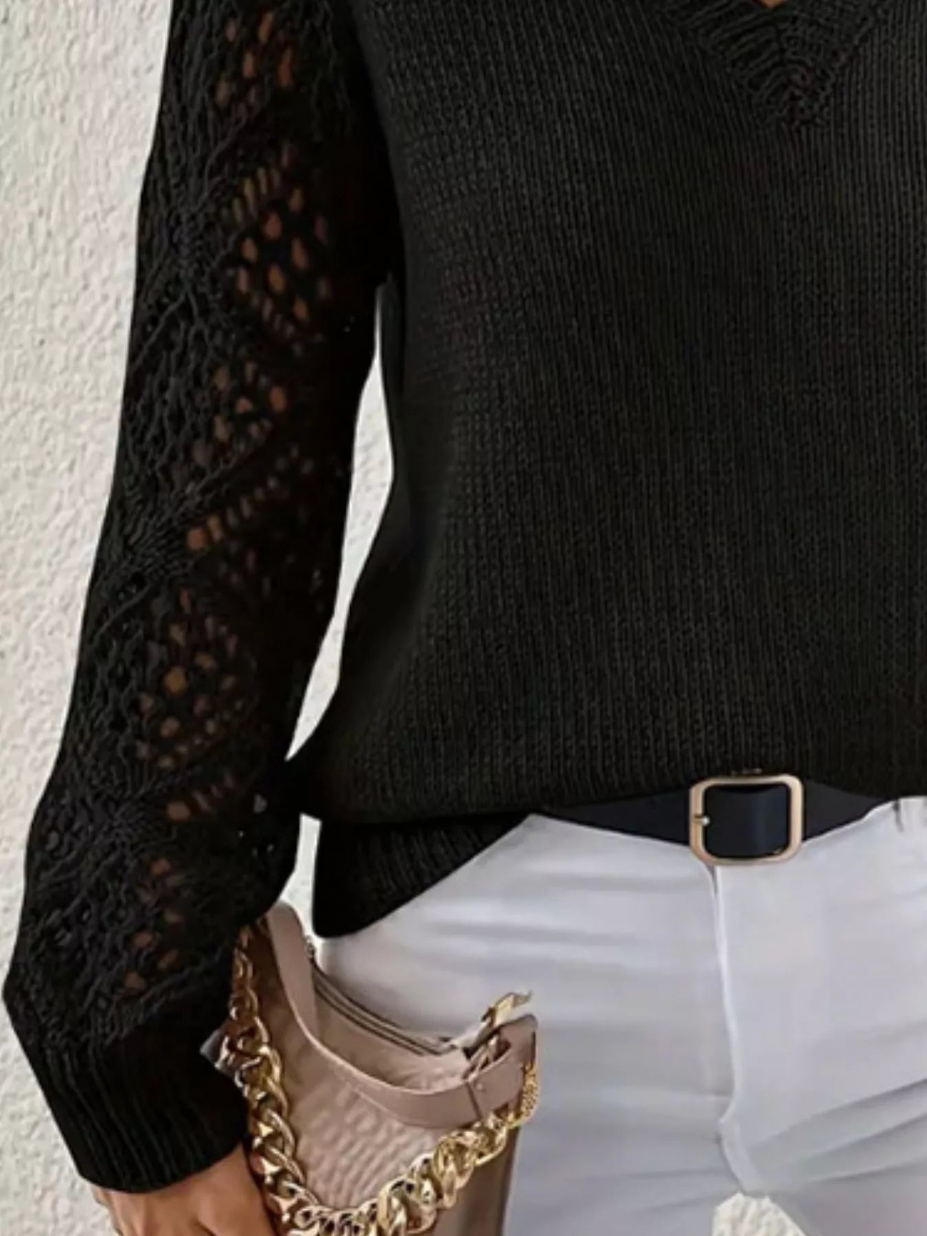 V - Neck Hollow - Out Sleeve Knit Sweater - PBNJ FASHIONS