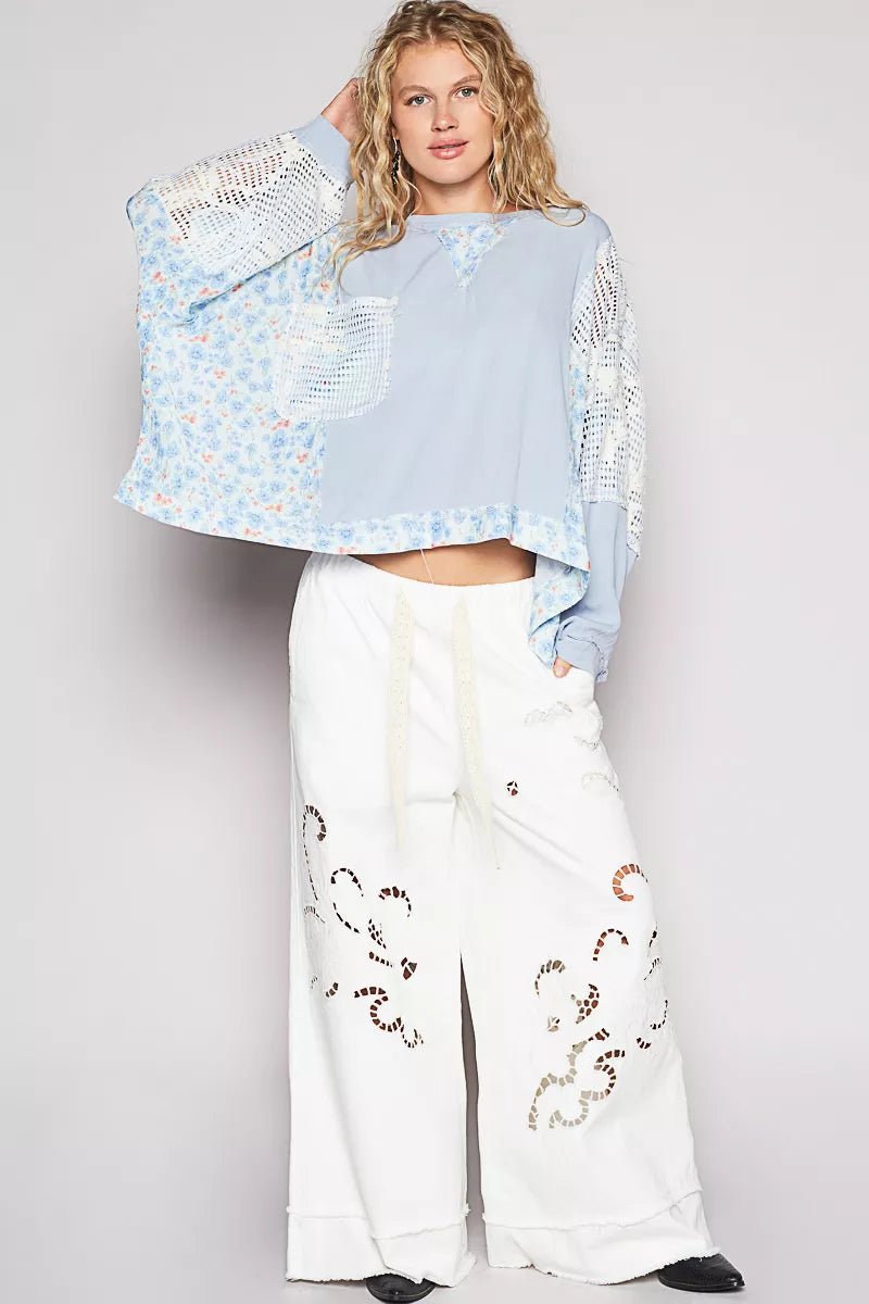 POL Round Neck Cropped Gauze Floral Pattern Top with Overlock Stitch Detail - PBNJ FASHIONS