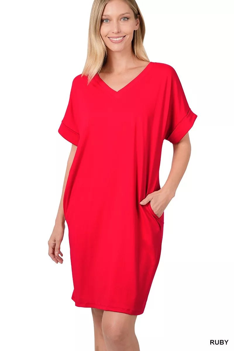 Zenana Brushed Dty Rolled Short Sleeve V - Neck Dress - PBNJ FASHIONS