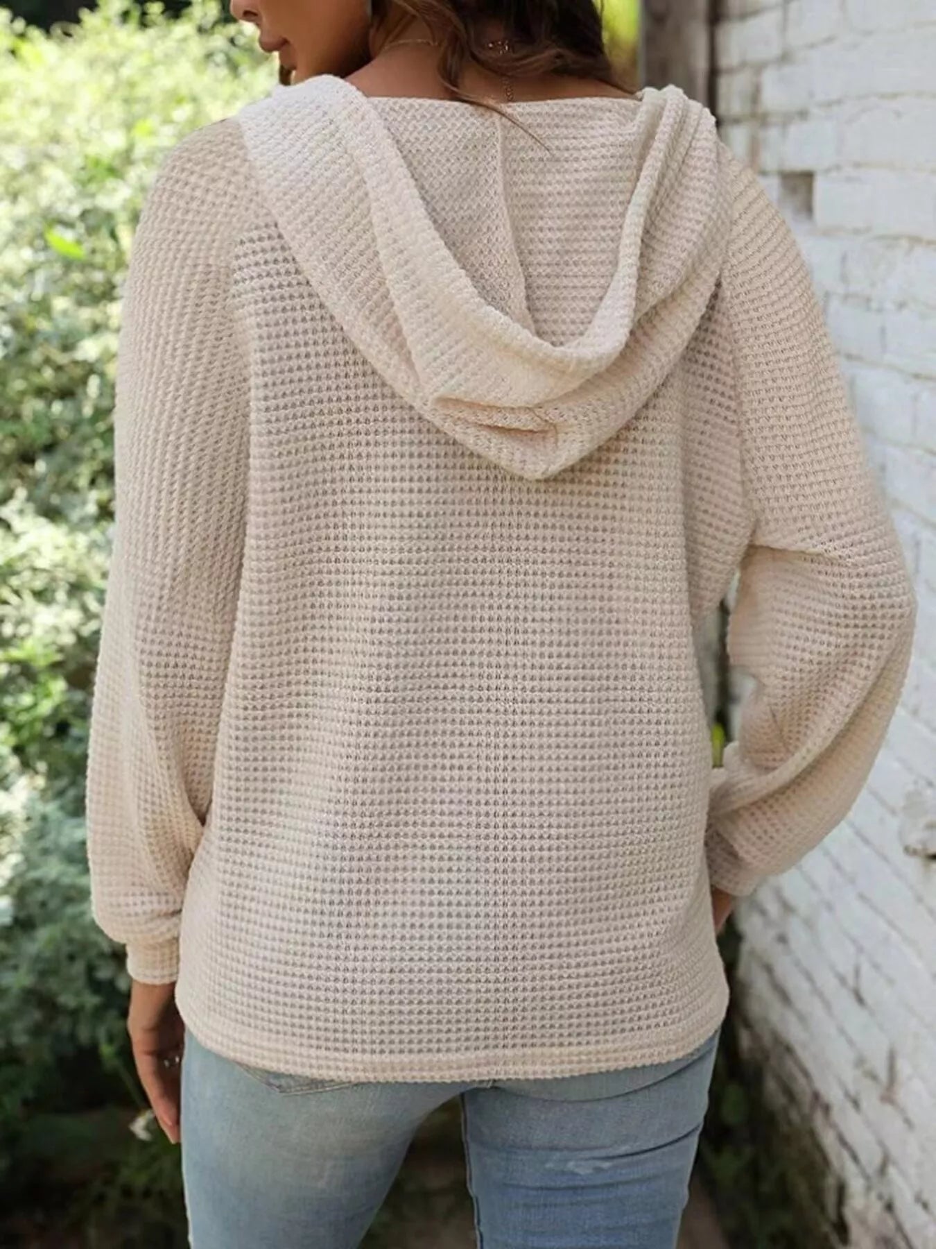 Waffle Knit Button Detail Hoodie - PBNJ FASHIONS