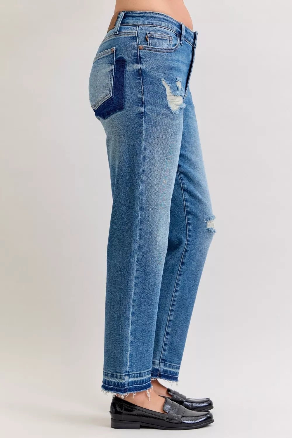 Judy Blue Full Size Mid Rise Bf Patch & Repair Destroy Release Hem Jeans Plus Size - PBNJ FASHIONS