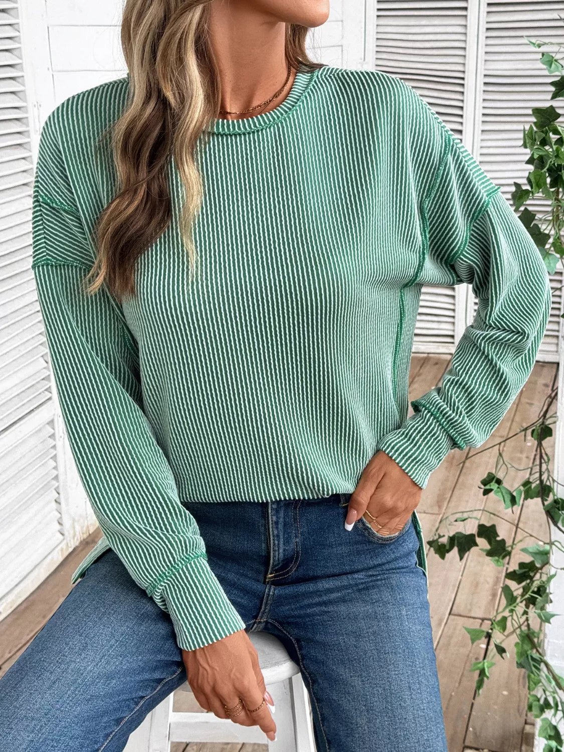 Side Slit Round Neck Sweatshirt - PBNJ FASHIONS
