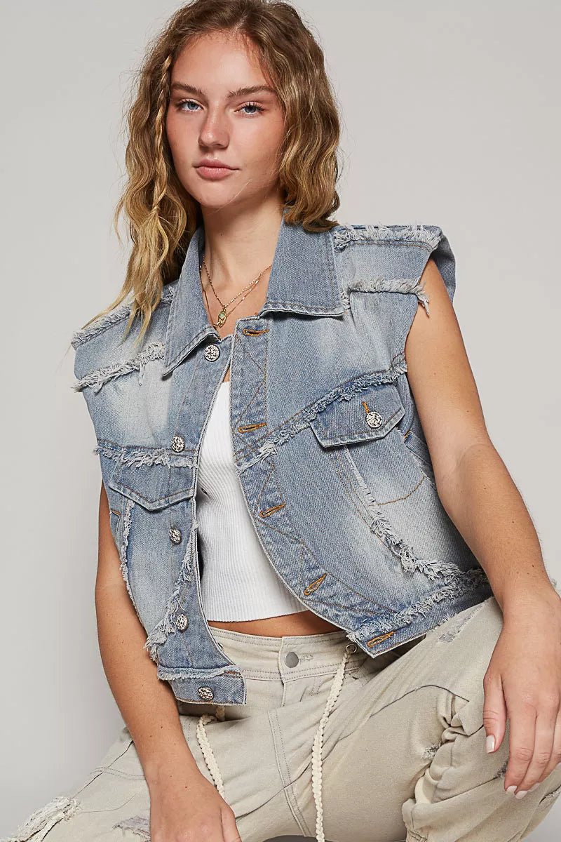 POL Assymetrical Front Closure Raw Hem Denim Vest - PBNJ FASHIONS