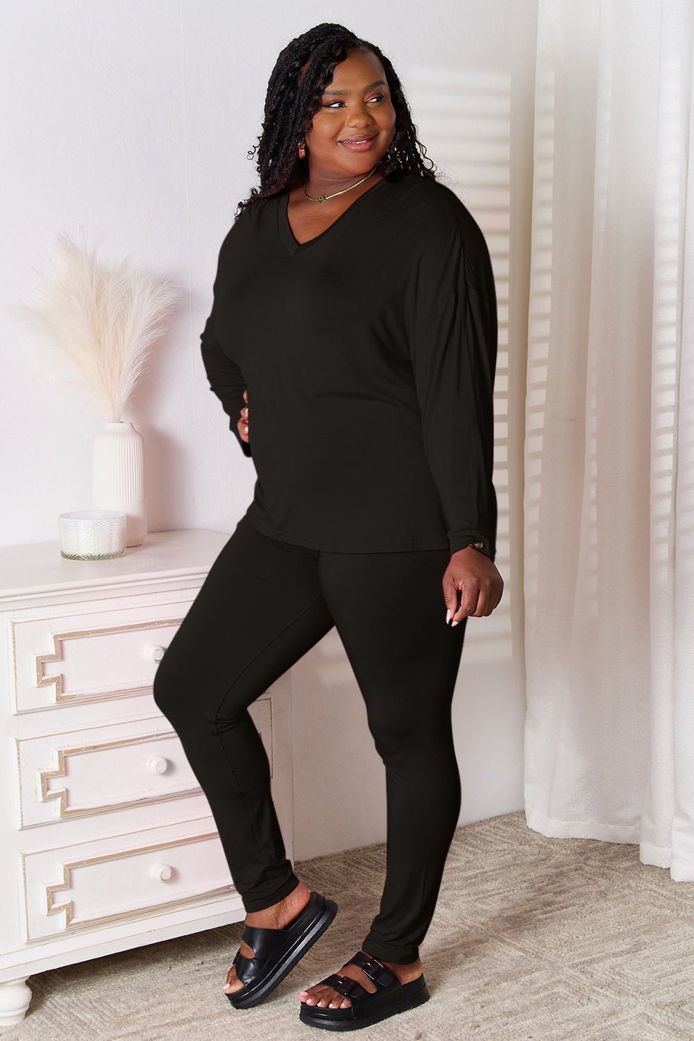 Basic Bae Full Size V - Neck Soft Rayon Long Sleeve Top and Pants Lounge Set - PBNJ FASHIONS