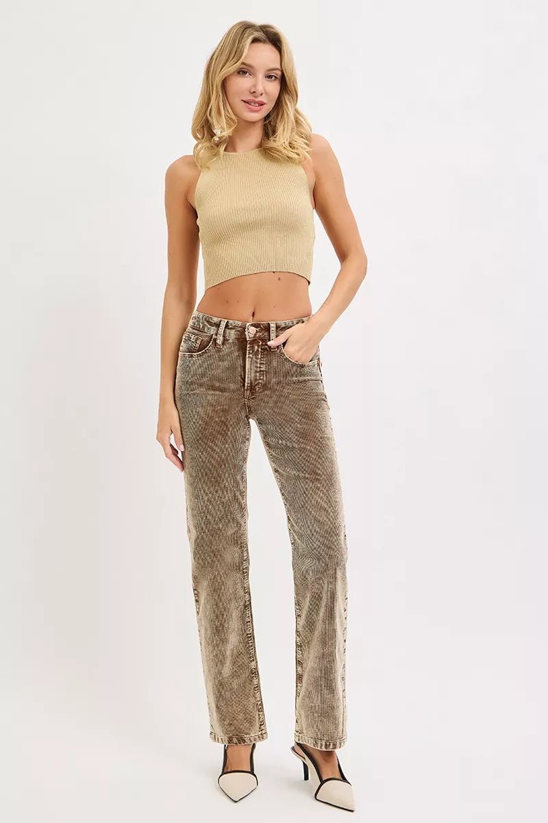 RISEN Tummy Control Mid Rise Straight Leg Corduroy Pants - PBNJ FASHIONS