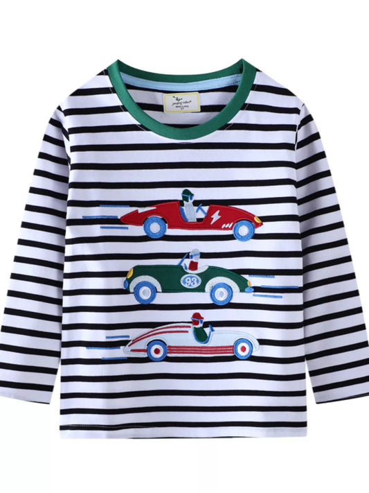 Children's Racing Car Embroidered Striped Long Sleeve T-Shirt - PBNJ FASHIONS