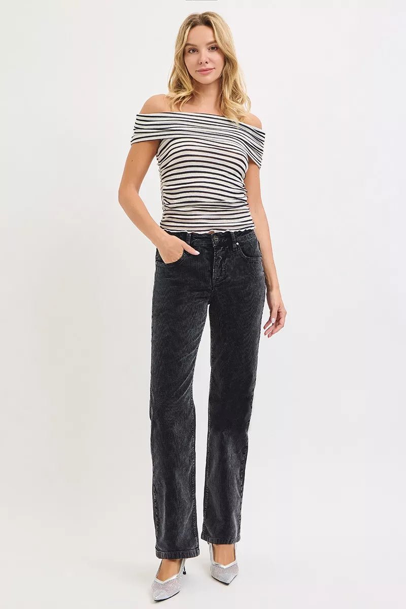 RISEN Tummy Control Mid Rise Straight Leg Corduroy Pants - PBNJ FASHIONS