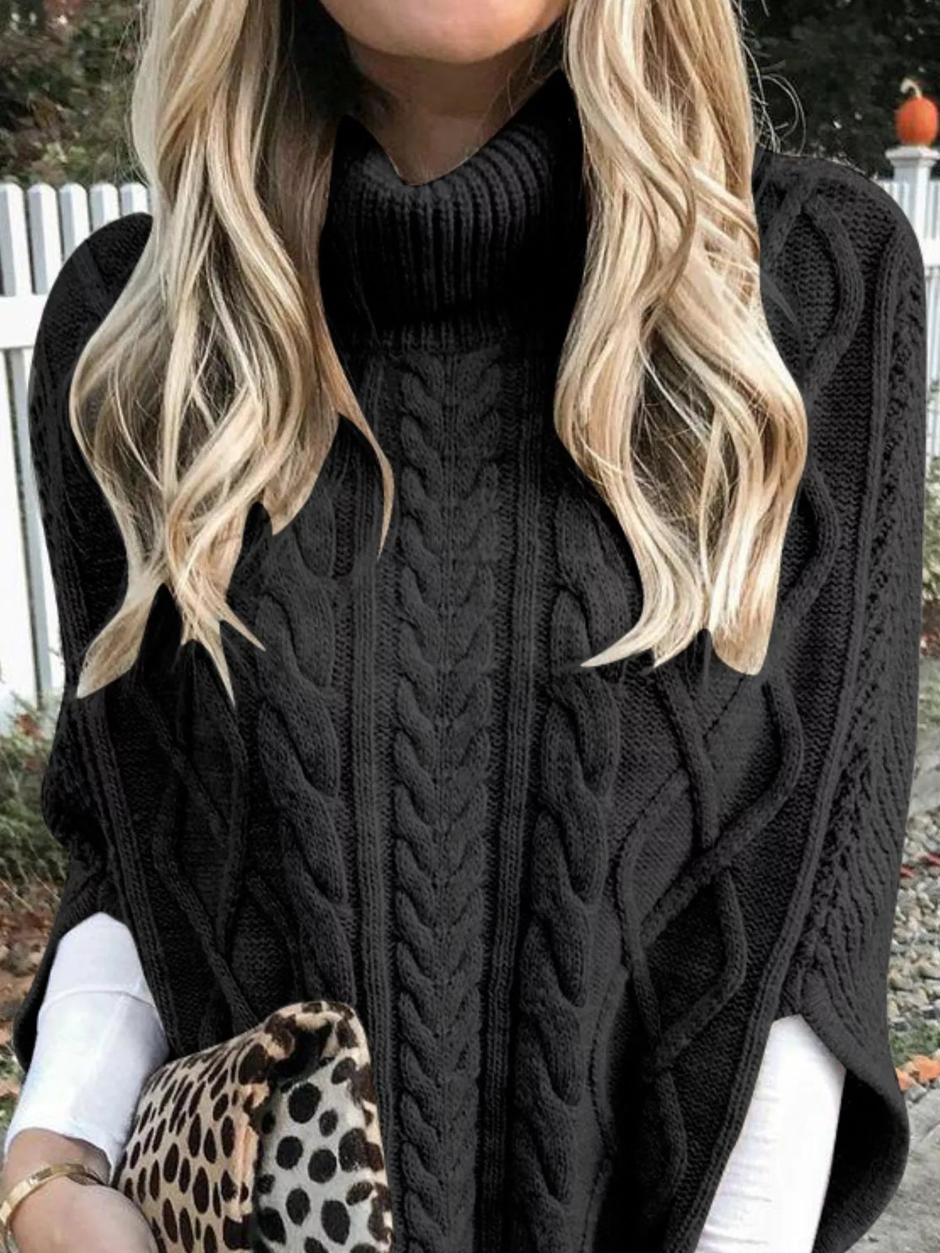 Chunky Cable Knit Turtleneck Poncho Cover Up - PBNJ FASHIONS