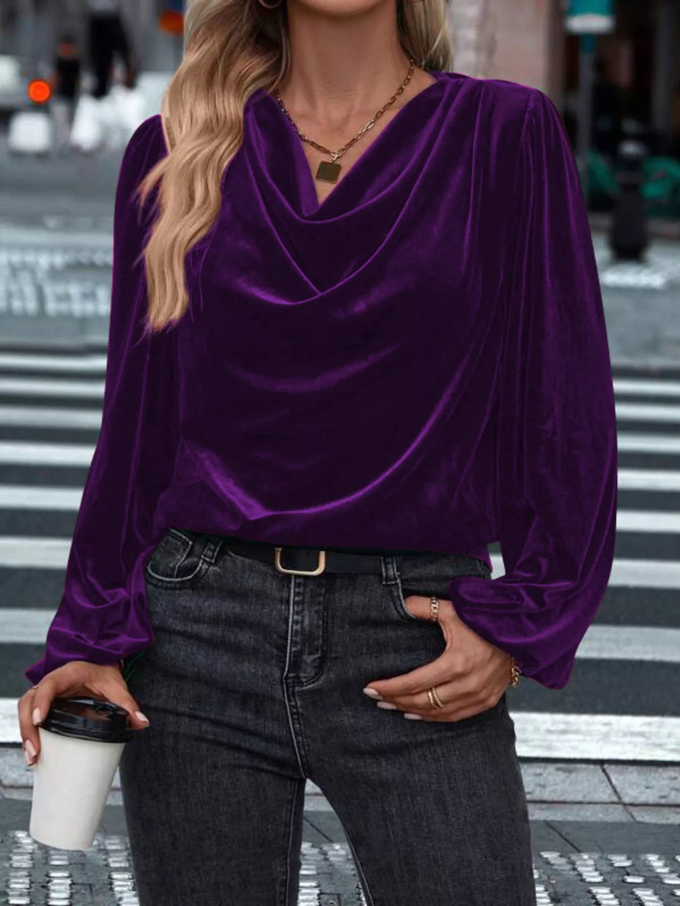 Full Size Velvet Cowl Neck Blouse Plus Size - PBNJ FASHIONS