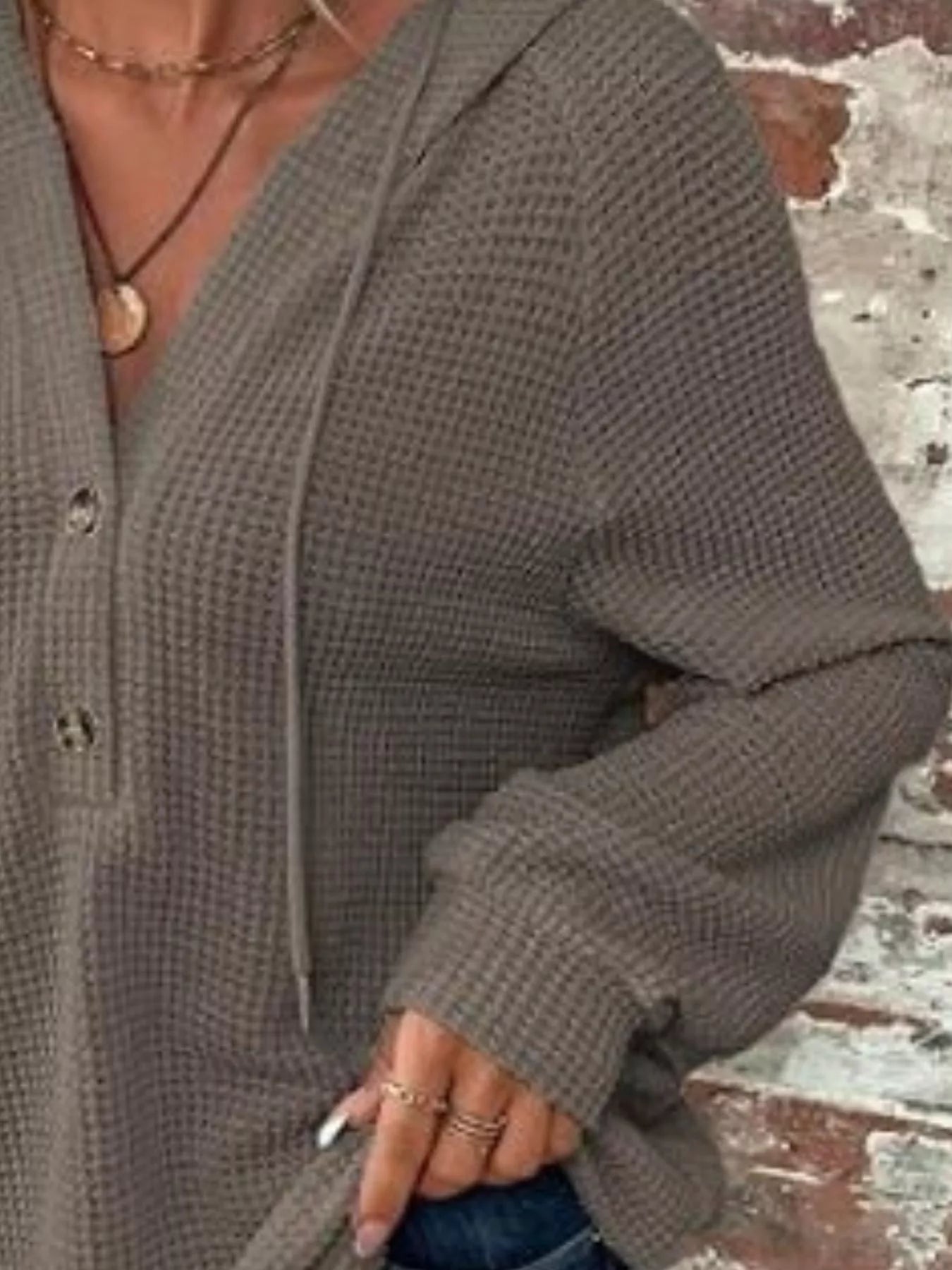Waffle Knit Button Detail Hoodie - PBNJ FASHIONS