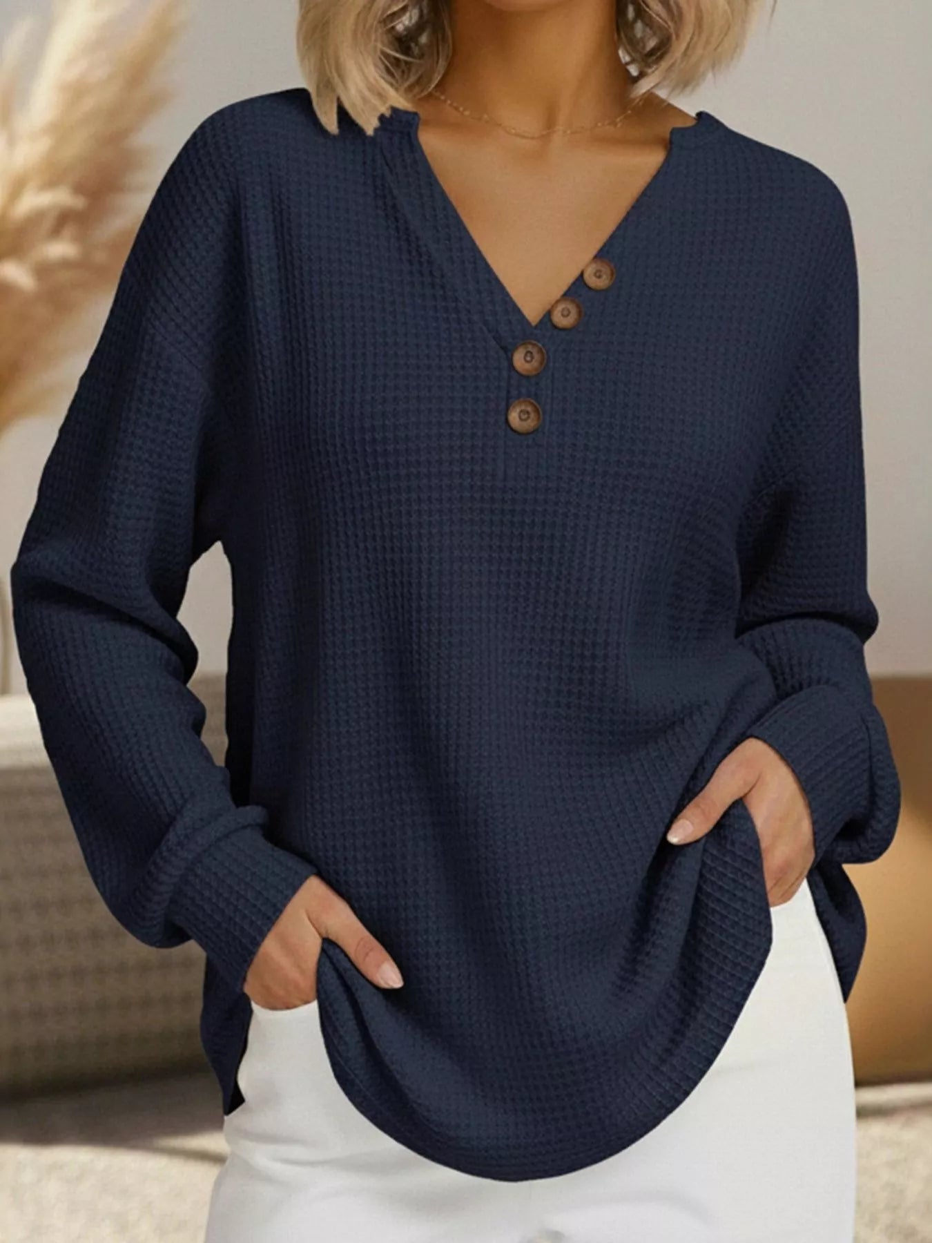 Full Size Casual Waffle Knit Long Sleeve T-Shirt Plus Size - PBNJ FASHIONS