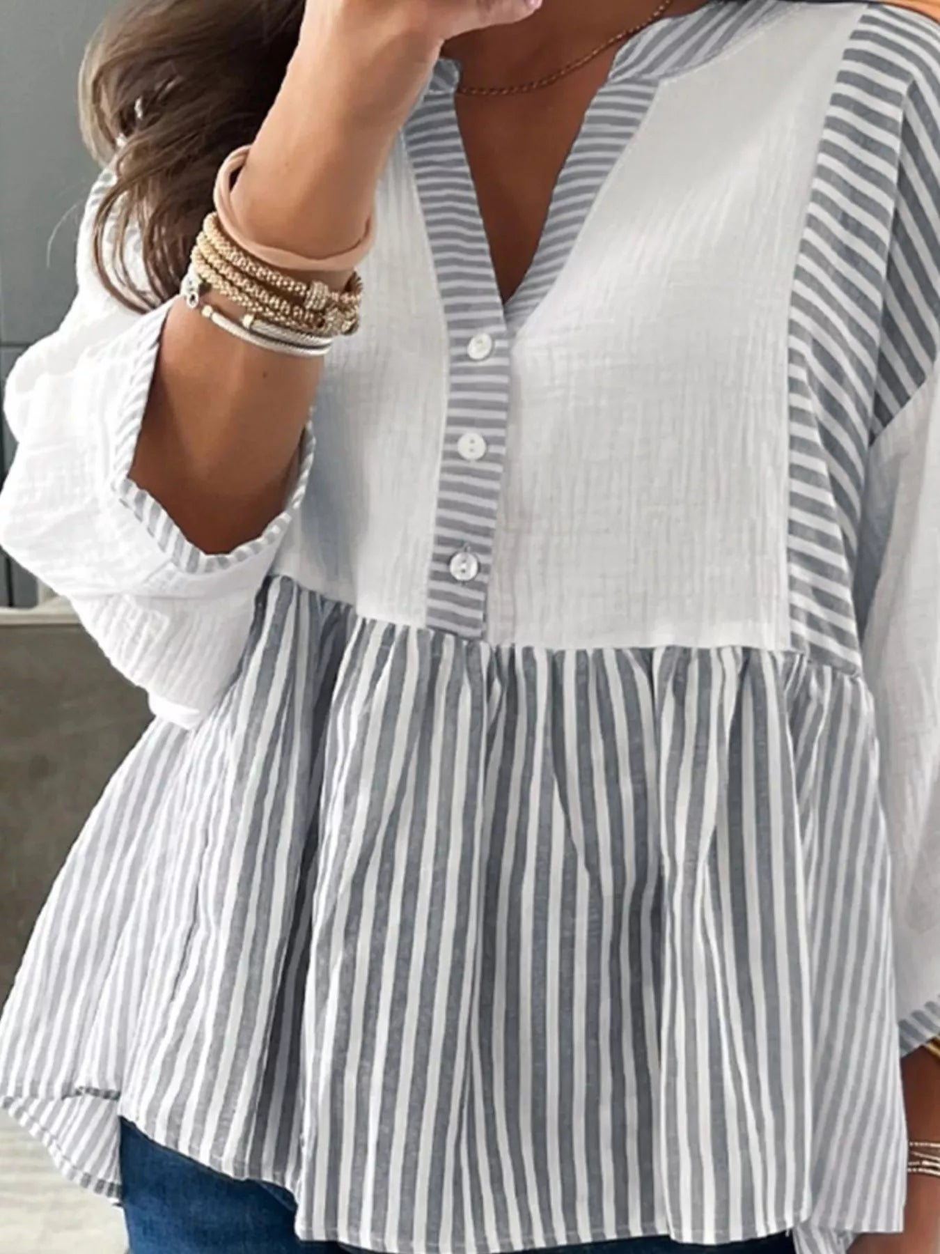 Striped Button Detail Blouse - PBNJ FASHIONS