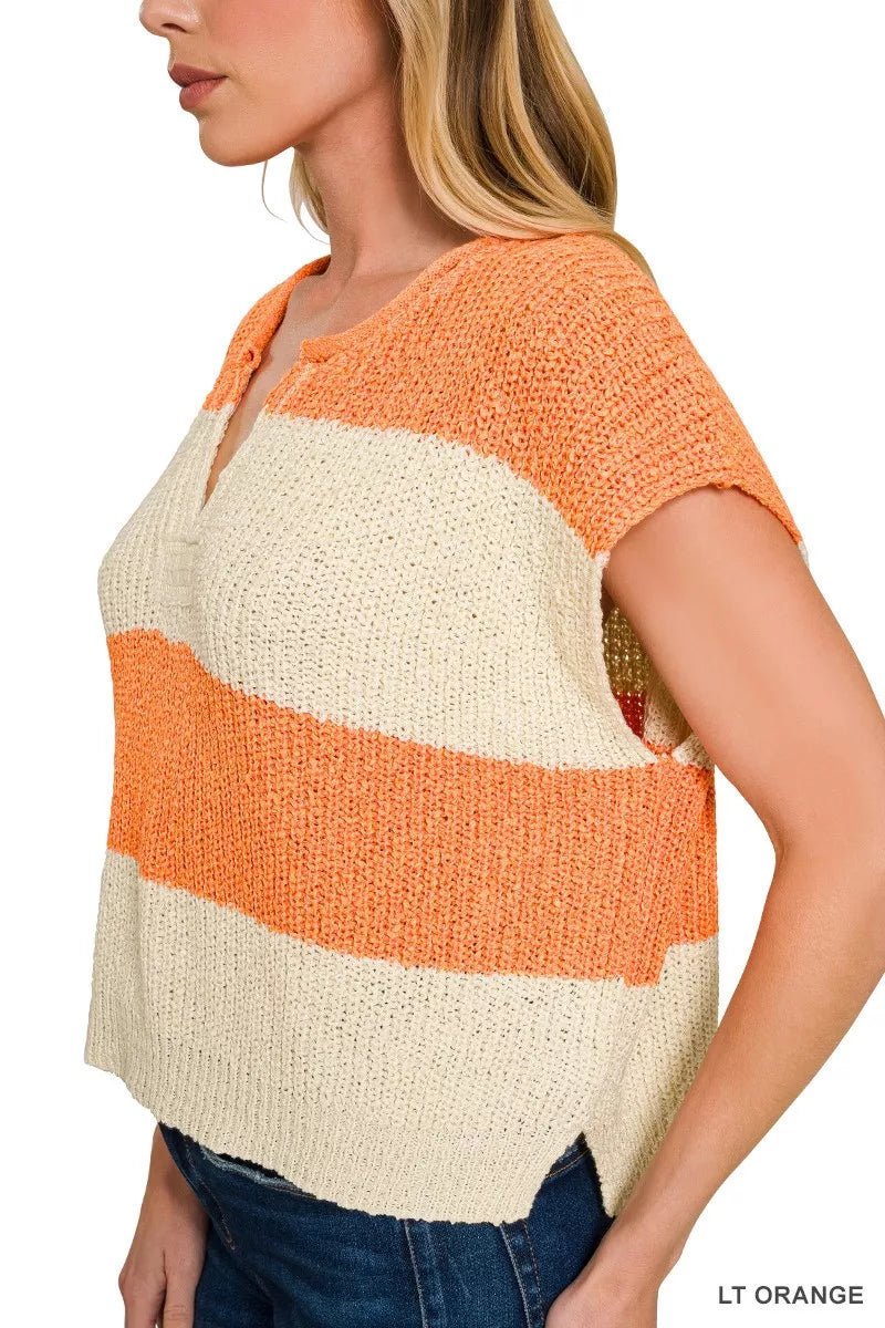 Sleeveless Striped Sweater with Split Neck Detail - Versatile & Stylish for any Occasion - LT ORANGES