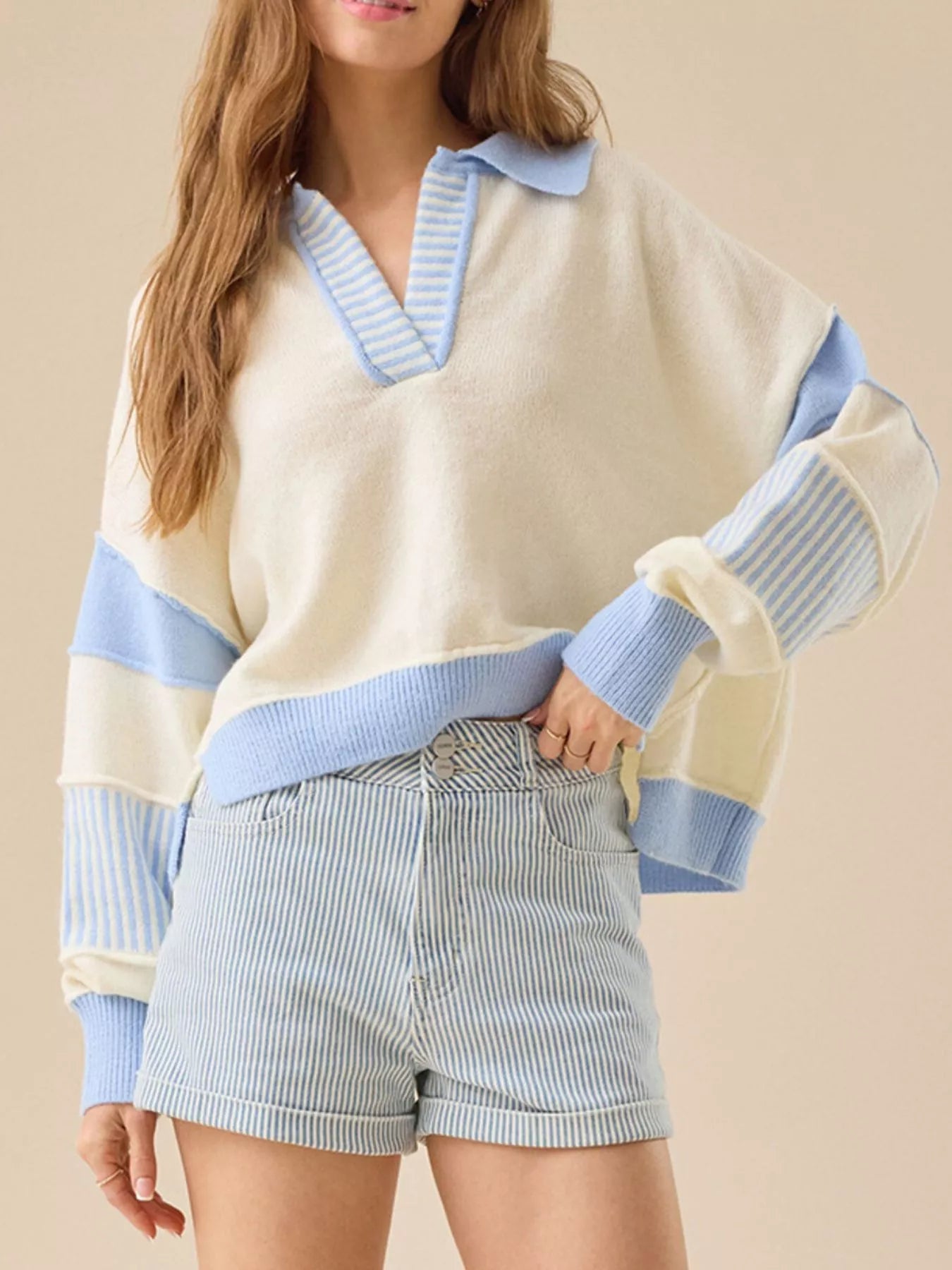 Pastel Blue and Light Yellow Color Block Dropped Shoulder Sweater - Cream-S- - PBNJ FASHIONS