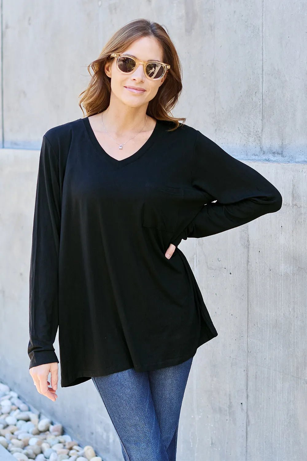 Basic Bae Full Size V - Neck Long Sleeve Top - PBNJ FASHIONS