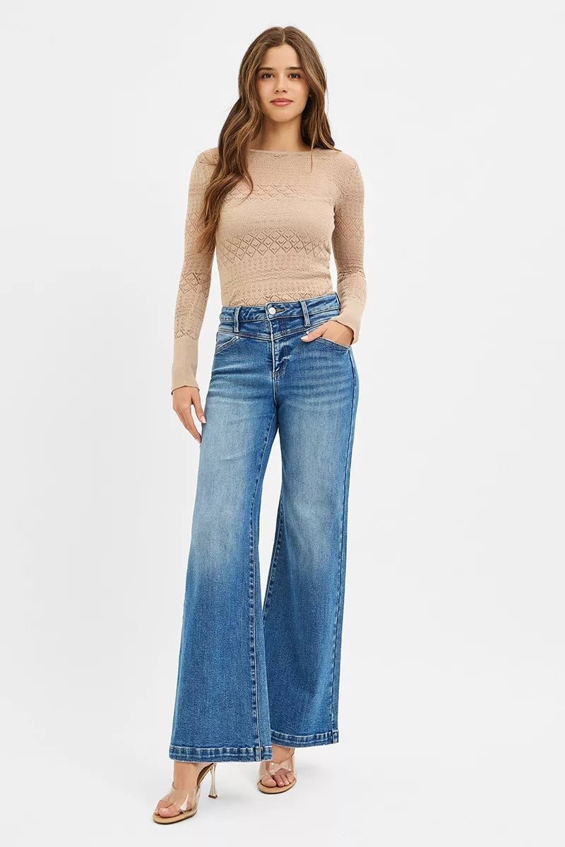 RISEN High Rise Wide Leg Jenas with Front Yoke and Heart Back Pocket - PBNJ FASHIONS