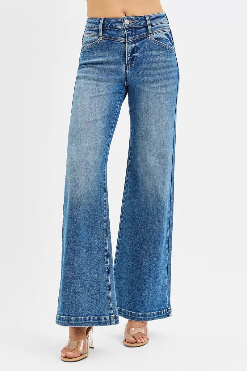 RISEN High Rise Wide Leg Jenas with Front Yoke and Heart Back Pocket - PBNJ FASHIONS