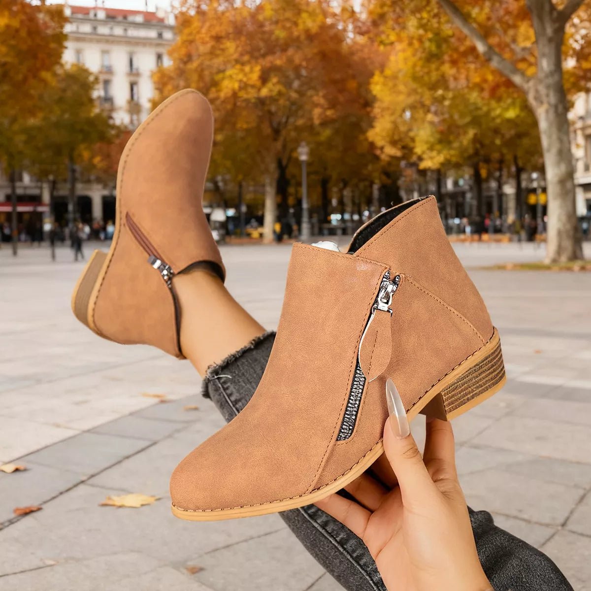 Chic Zip-Up Ankle Boots: Comfortable and Stylish with Block Heels for Effortless Fashion Statements - Brown-36