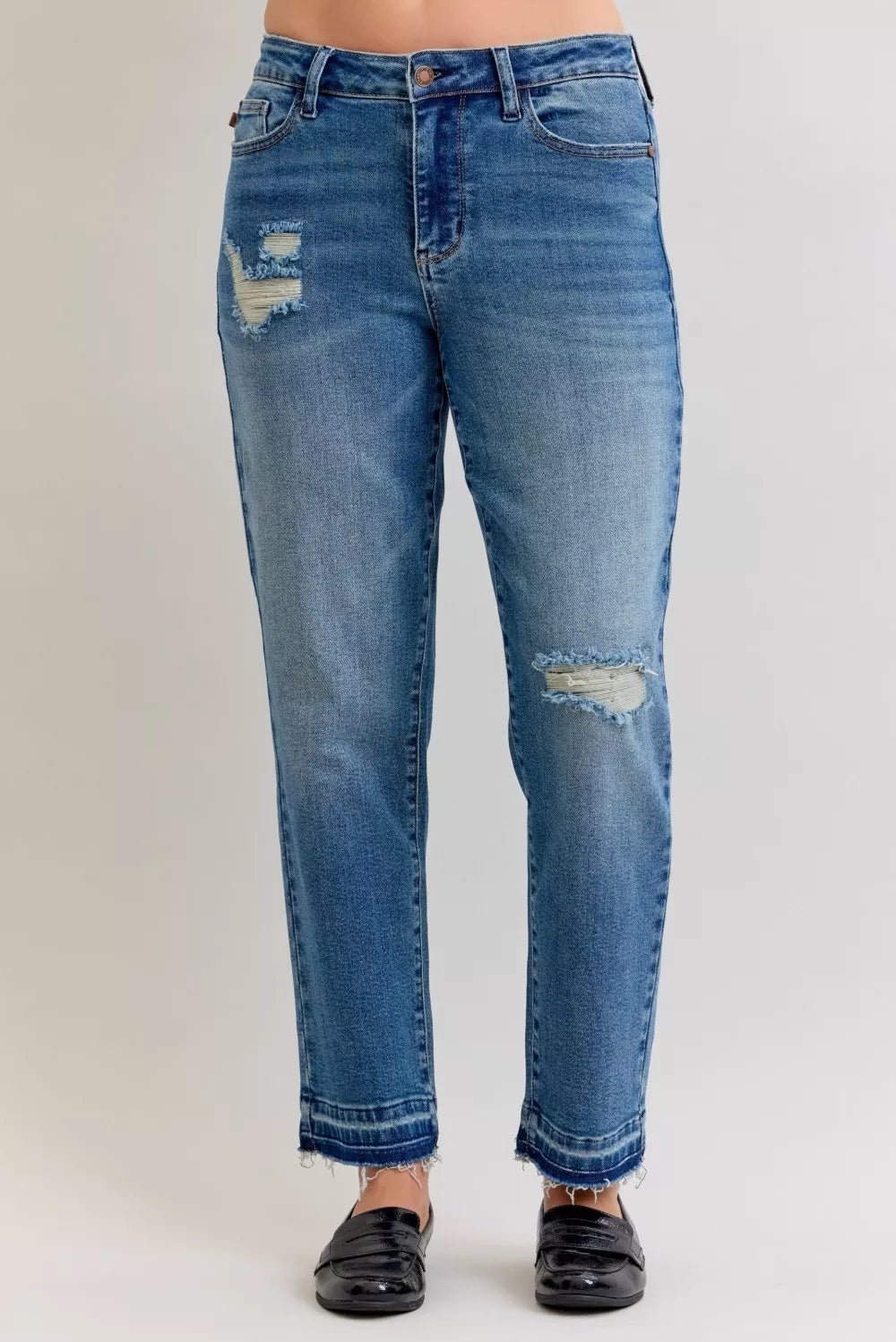 Judy Blue Full Size Mid Rise Bf Patch & Repair Destroy Release Hem Jeans Plus Size - PBNJ FASHIONS