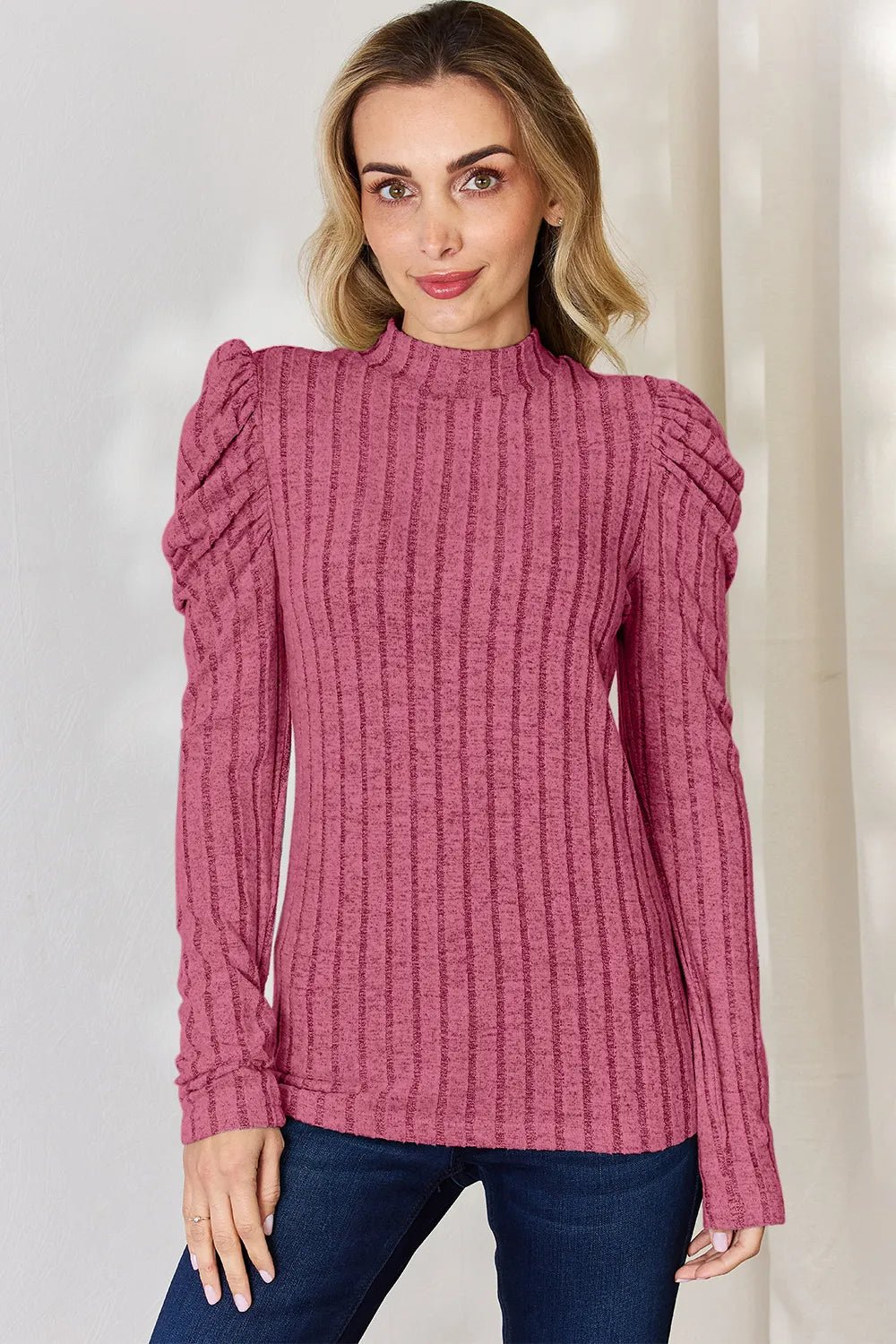 Basic Bae Full Size Ribbed Mock Neck Puff Sleeve T-Shirt - PBNJ FASHIONS