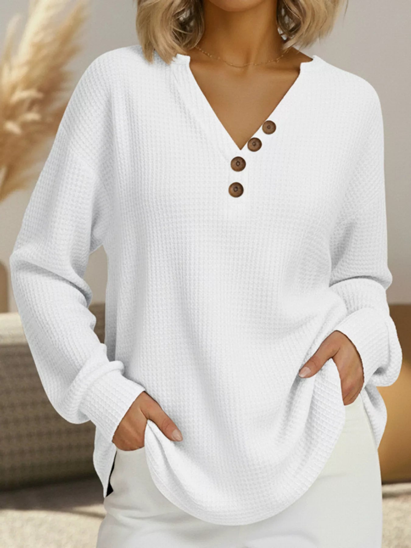 Full Size Casual Waffle Knit Long Sleeve T-Shirt Plus Size - PBNJ FASHIONS