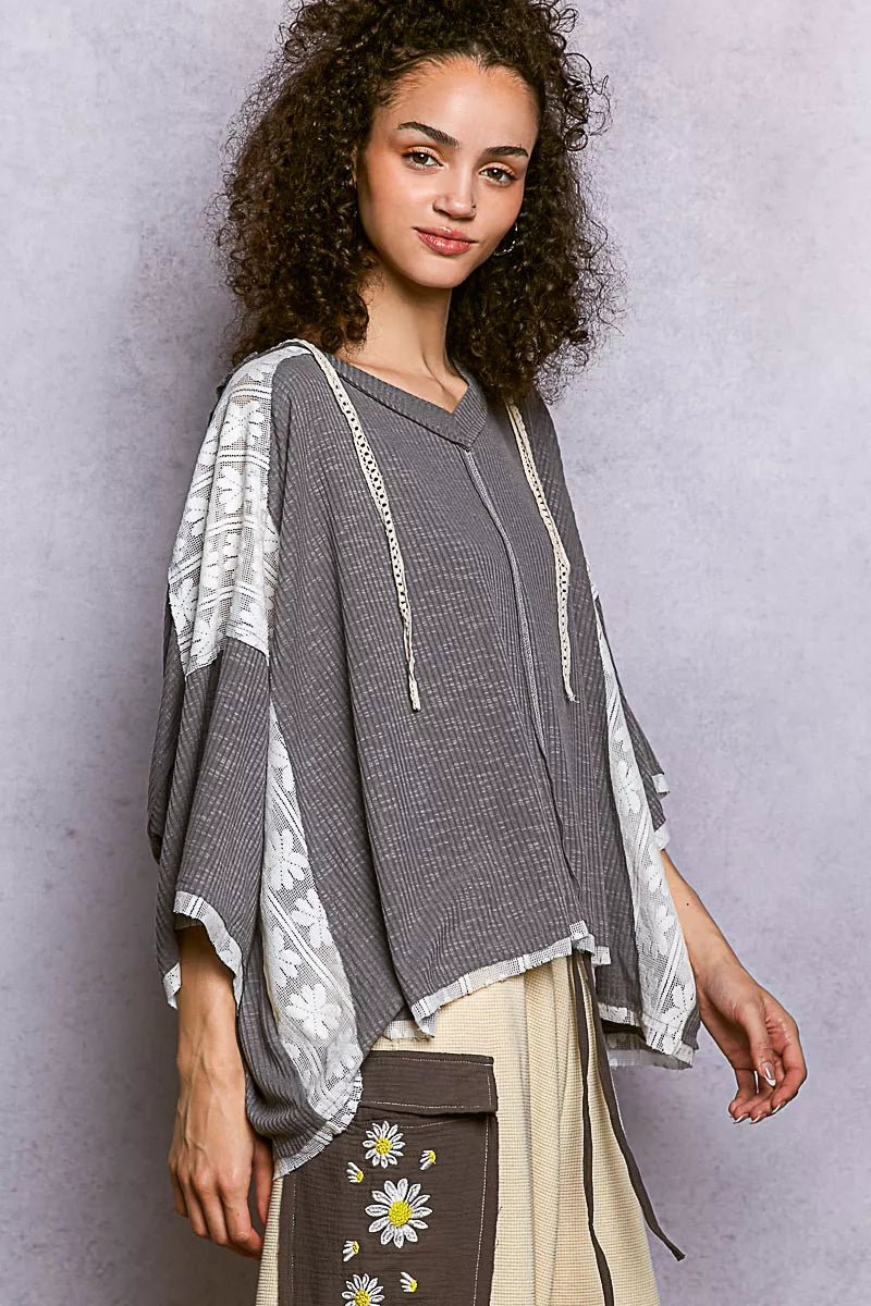 POL Short Sleeve Hoodie Top with Lace Detail - PBNJ FASHIONS
