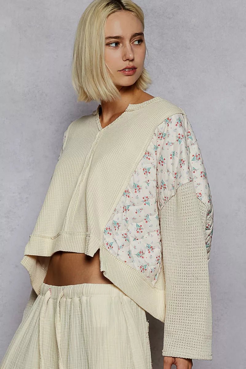 POL Mix Thermal Floral Pattern Quilted Knit Cropped Top with Raw Edge Detail - PBNJ FASHIONS