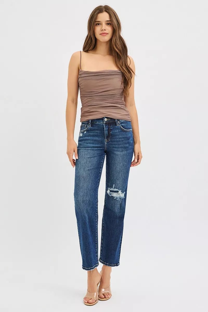 RISEN High Rise Crop Slim Straight Jenas with Hidden Knee Patch - PBNJ FASHIONS