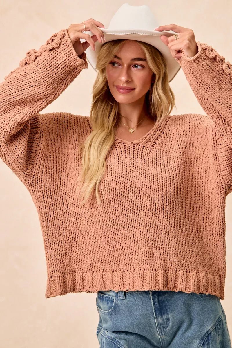 BiBi Chunky Knit Sweater with Flower Detail Sleeves - PBNJ FASHIONS