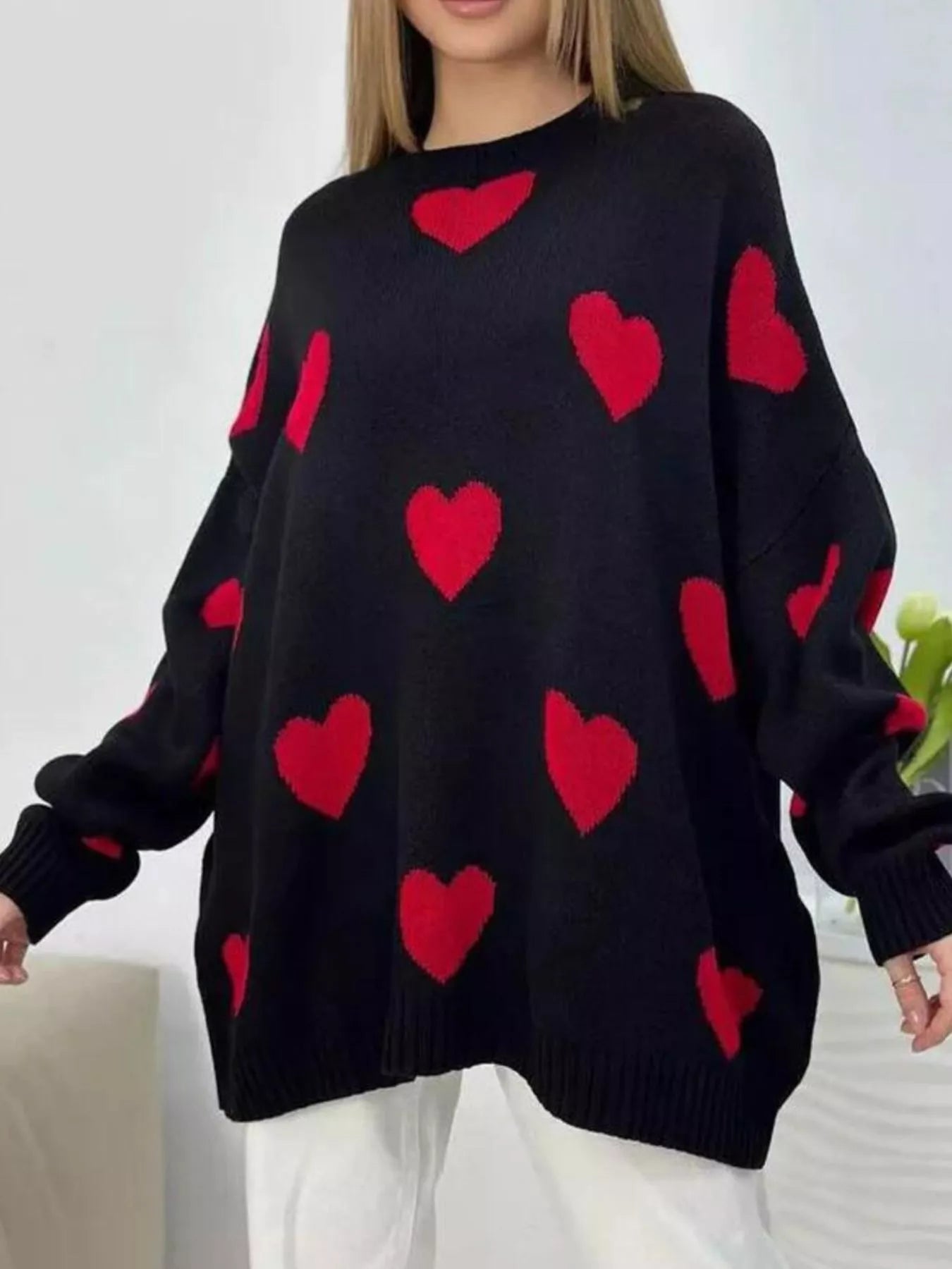 Heart Round Neck Oversized Knit Sweater - PBNJ FASHIONS