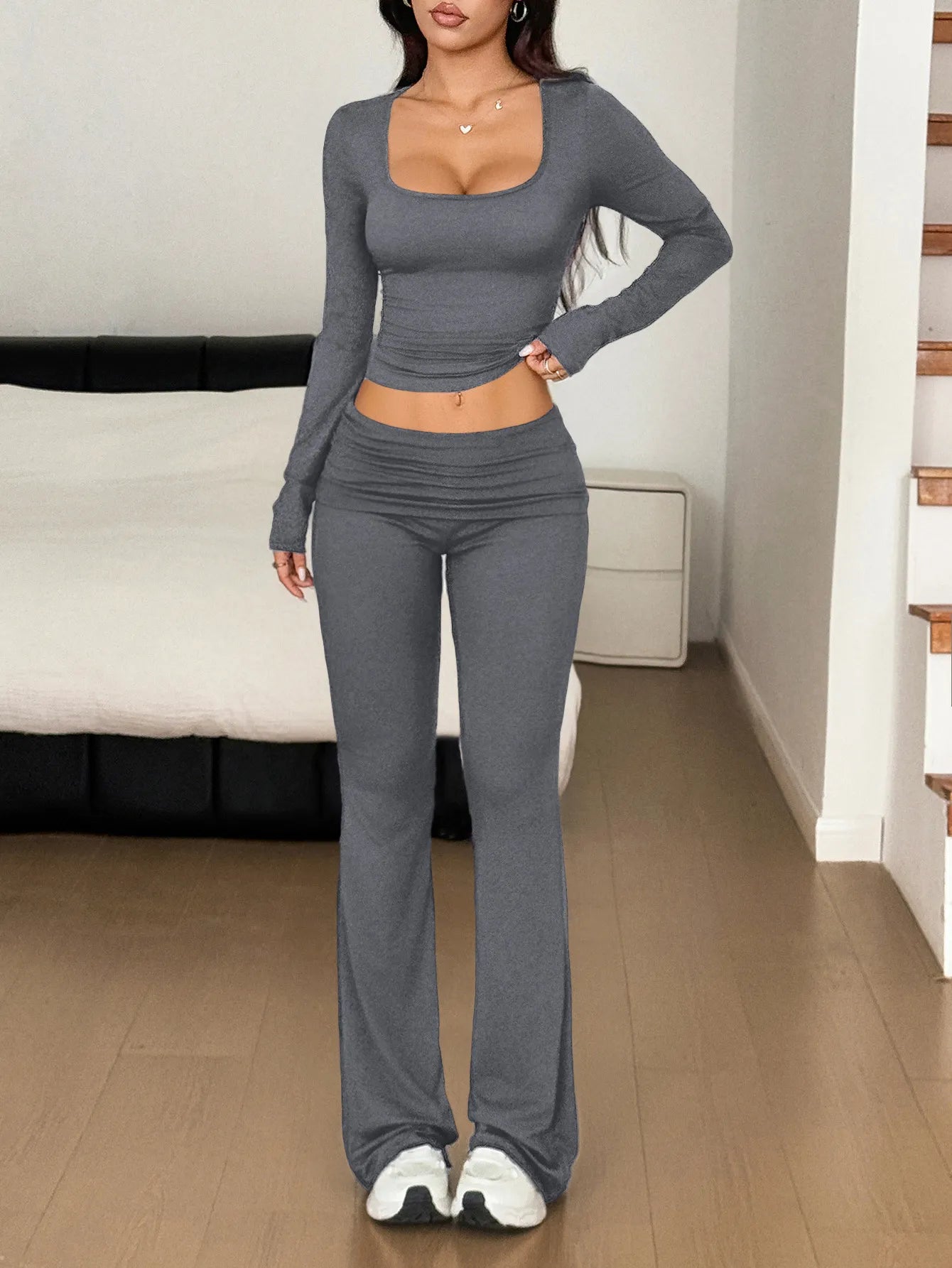 Long Sleeve Crop Top and Bootcut Pants Set - PBNJ FASHIONS
