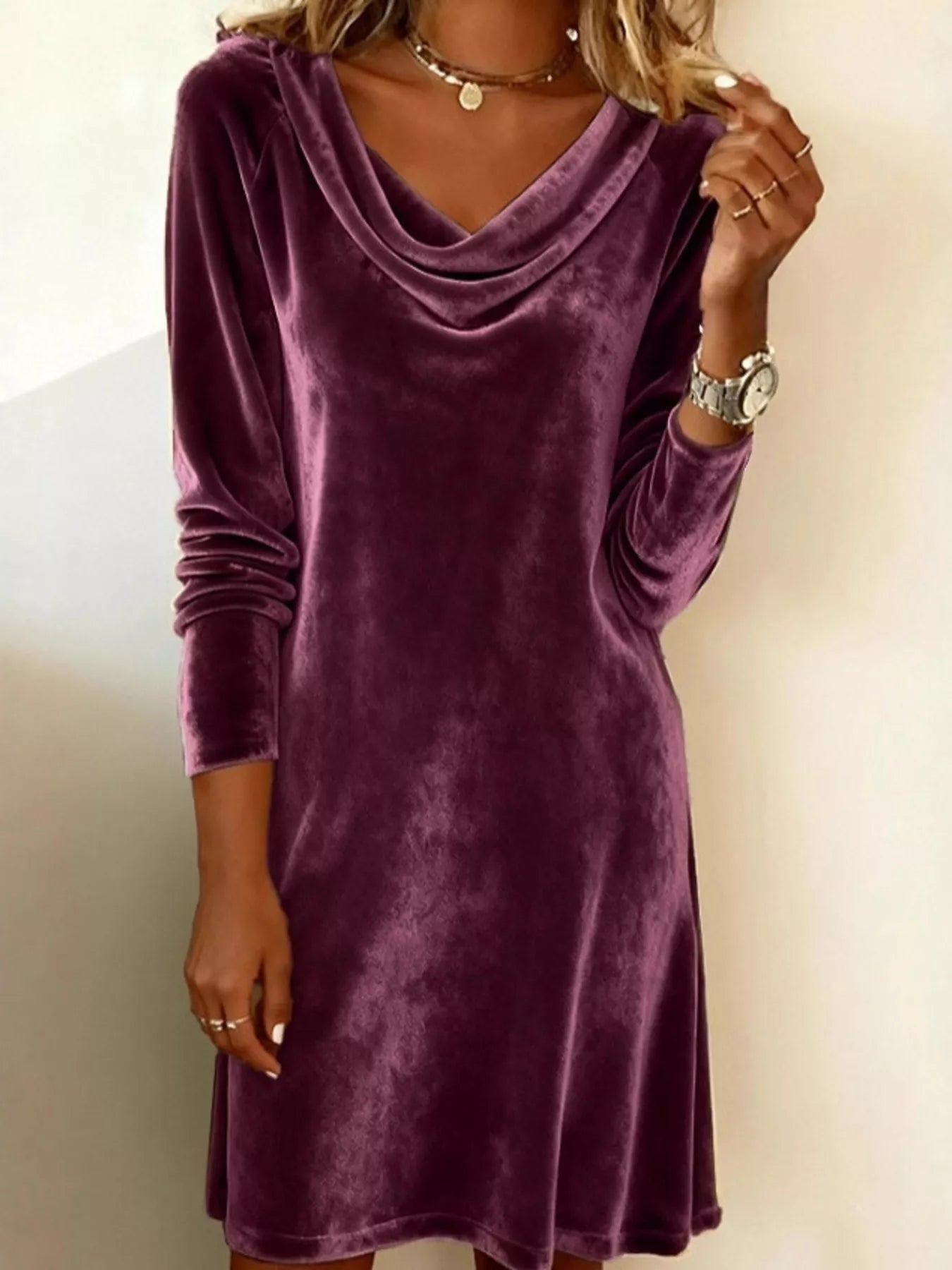 Velvet Cowl Neck Long Sleeve Mini Dress - PBNJ FASHIONS