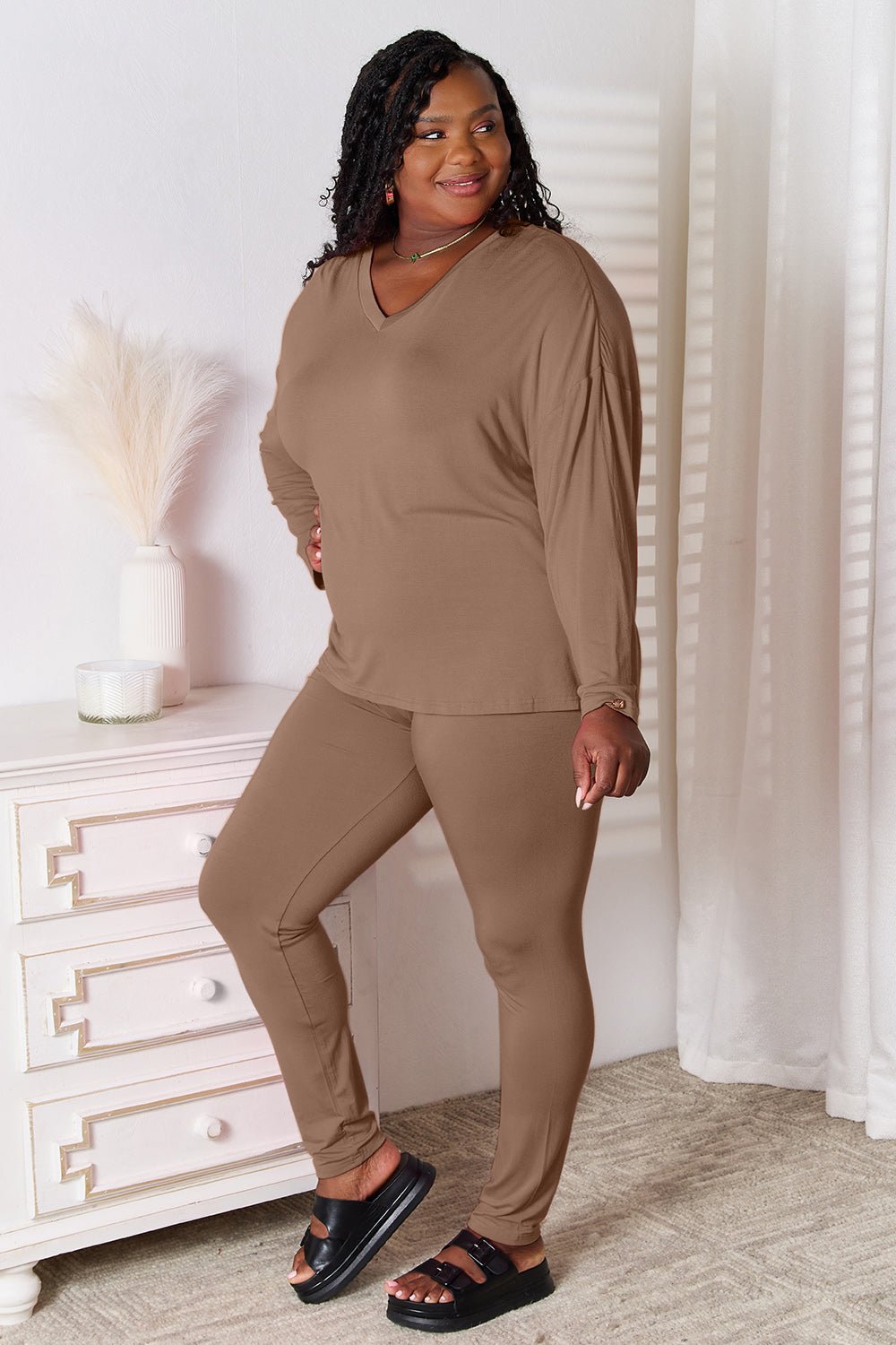Basic Bae Full Size V - Neck Soft Rayon Long Sleeve Top and Pants Lounge Set - PBNJ FASHIONS
