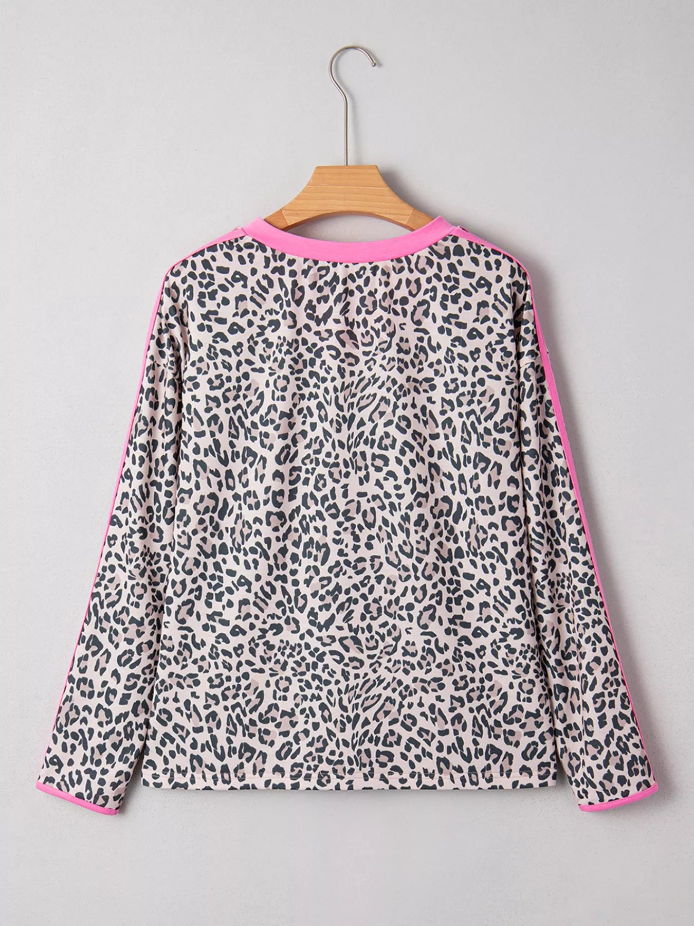 Leopard Print Contrast V Neck Varsity Stripe Detail Long Sleeve Top - PBNJ FASHIONS