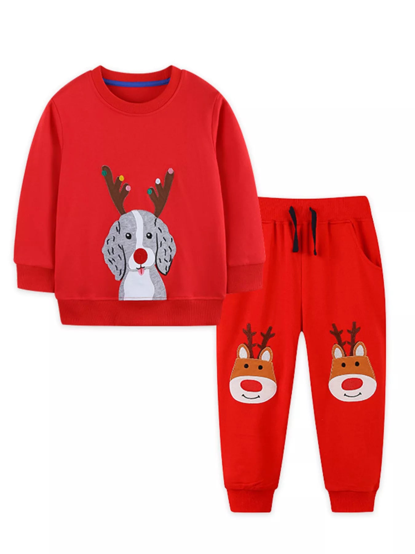 Children's Christmas Dog & Reindeer Round Neck Outfit Set - PBNJ FASHIONS