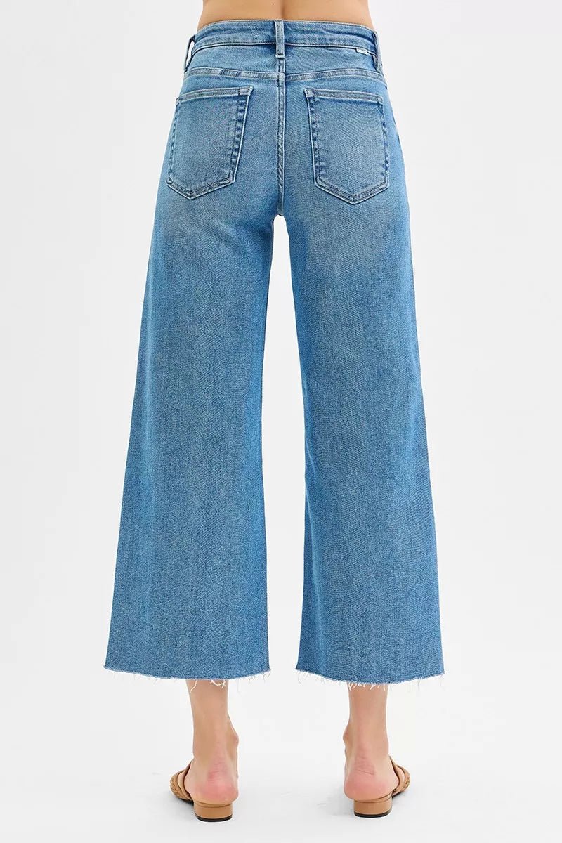 RISEN Tummy Control Mid Rise Crop Wide Front Slit Jeans - PBNJ FASHIONS