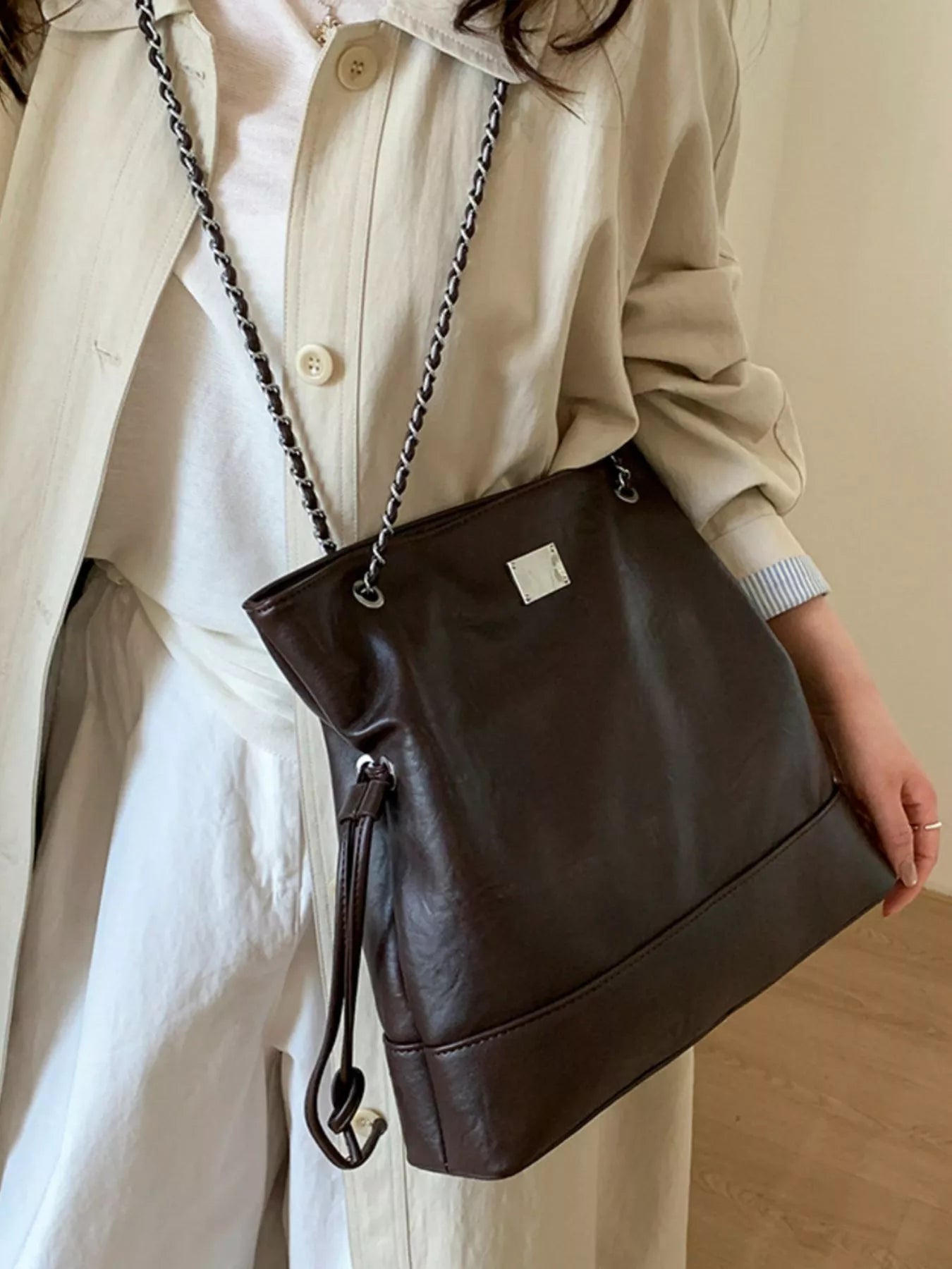 Chain Strap Faux Leather Tote Bag - PBNJ FASHIONS