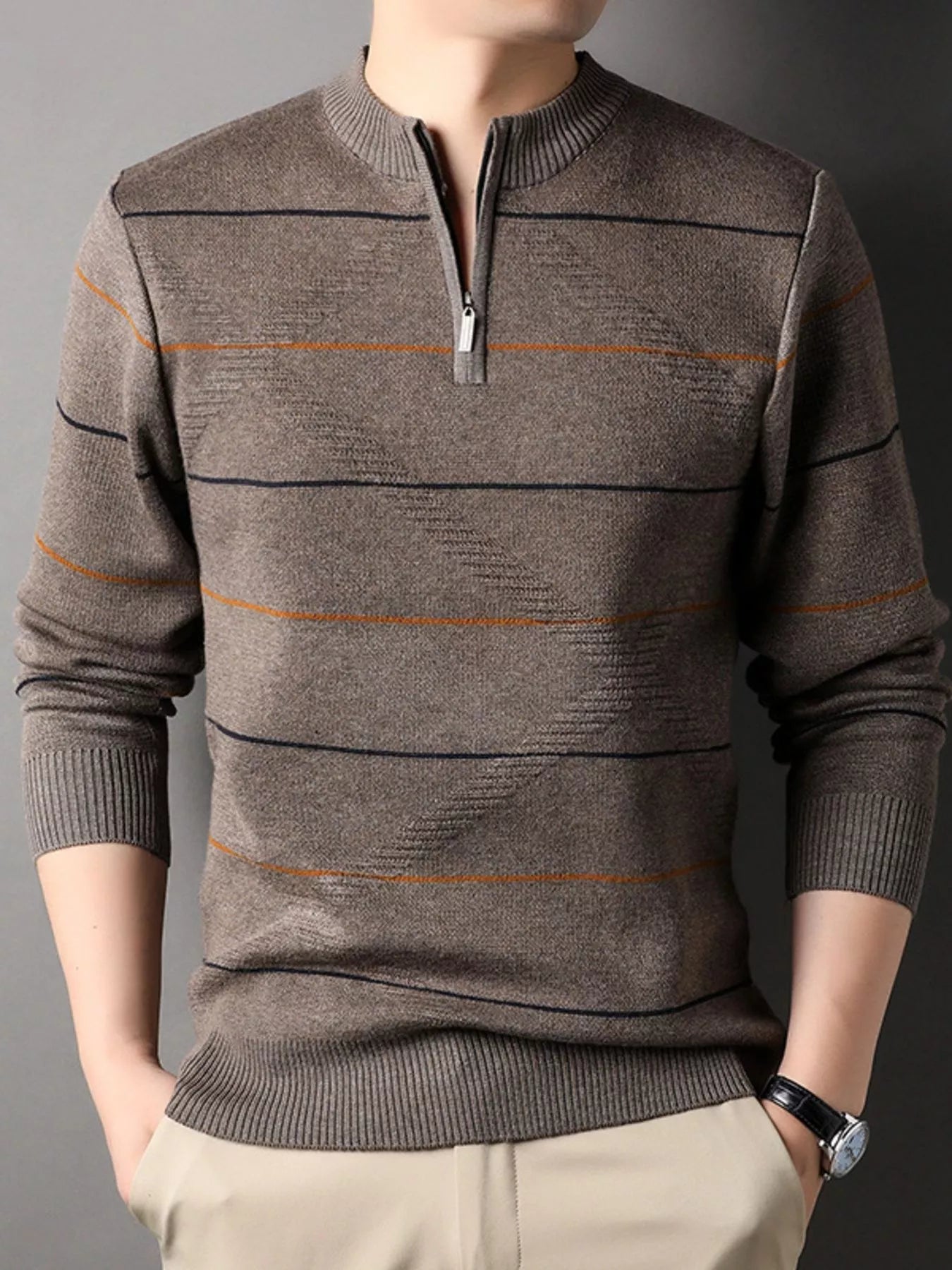 Men's Plus Size Striped Quarter Zip Knit Pullover - PBNJ FASHIONS