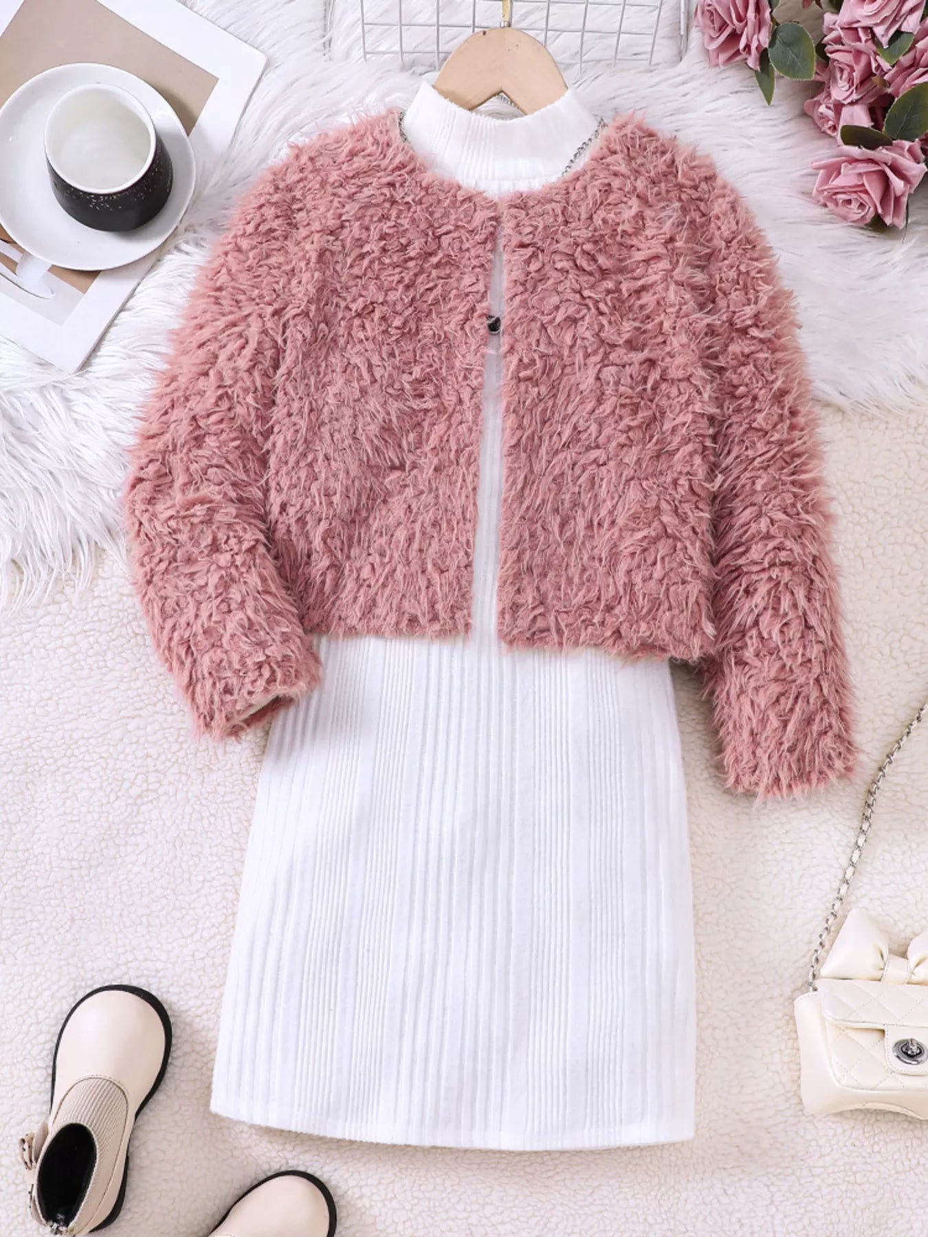 Children's Faux Fur Jacket & Ribbed Dress Set - PBNJ FASHIONS
