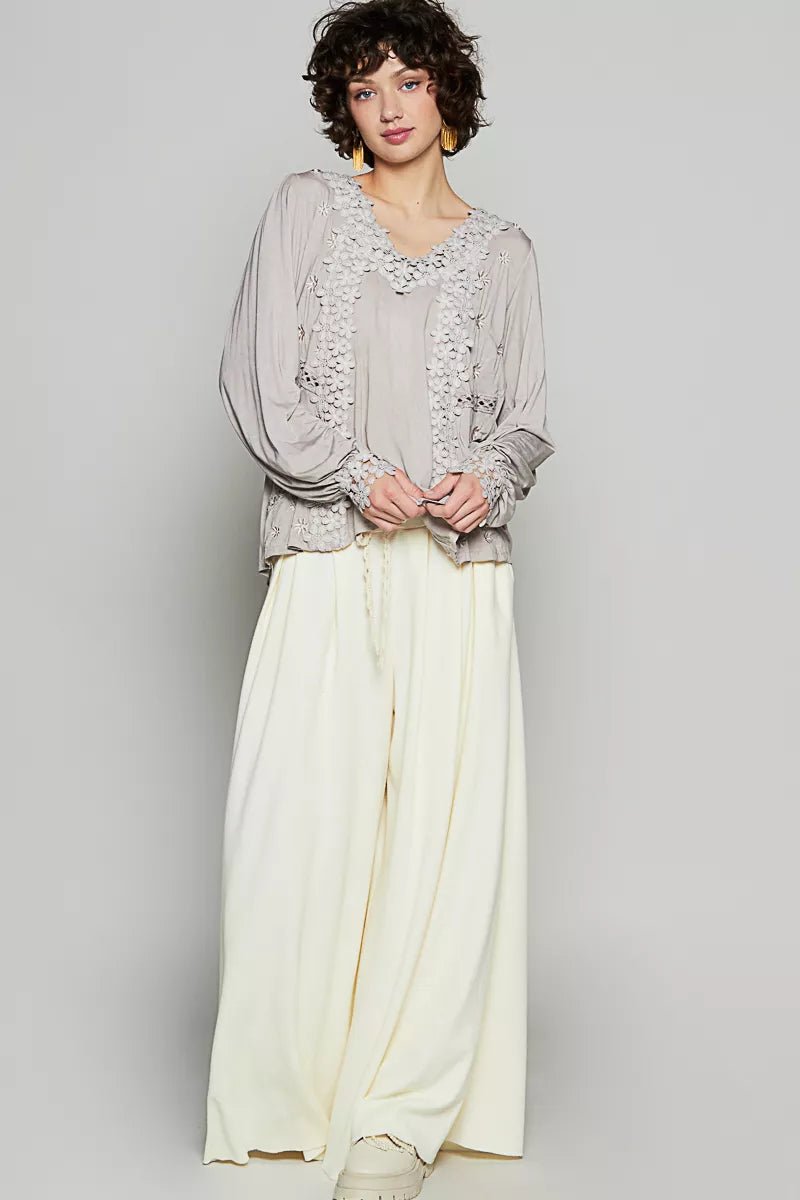 POL Floral Embroidery Woven Top with Lace Trim - PBNJ FASHIONS
