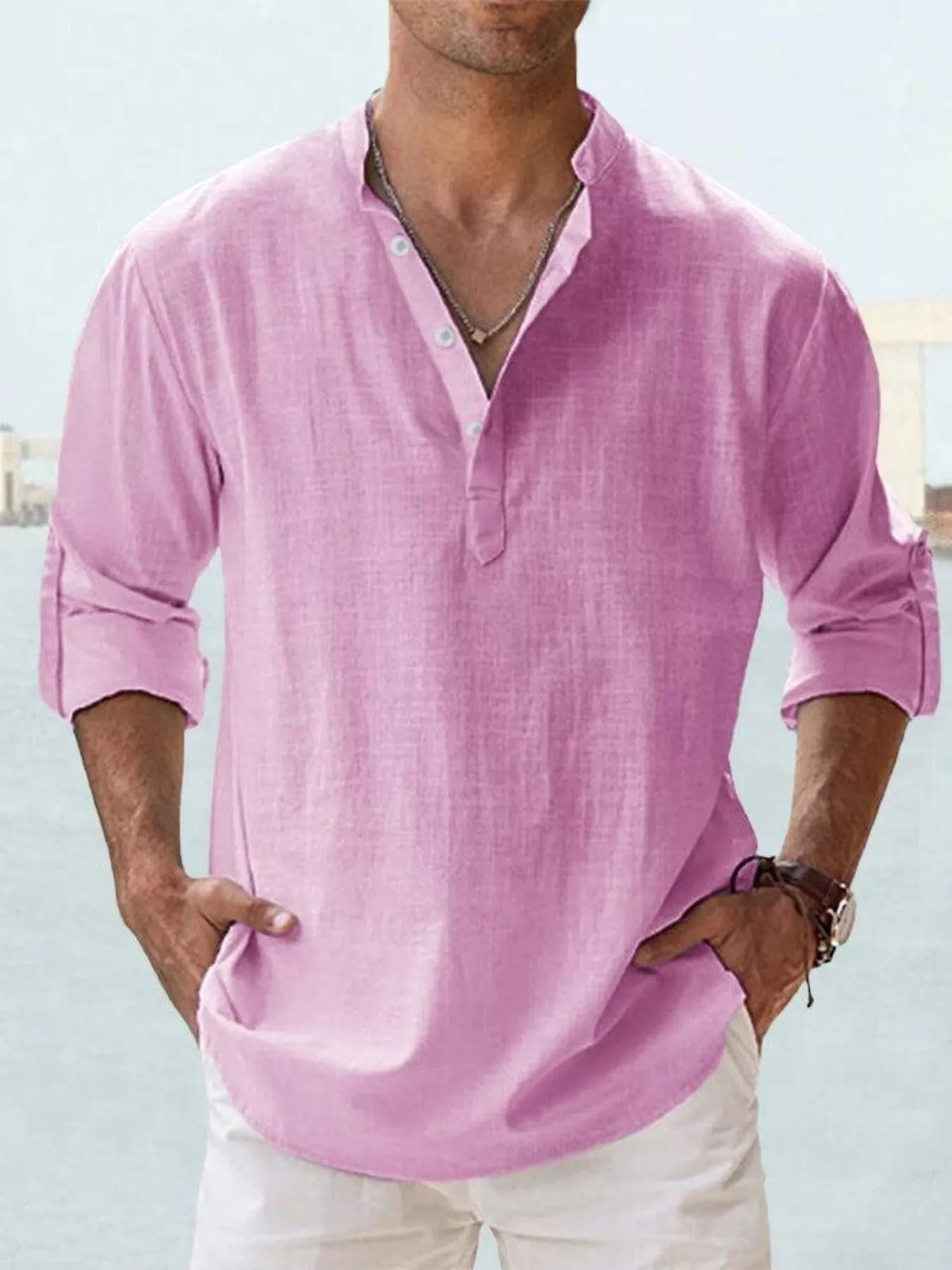 Men's Full Size Casual Button Detail Roll - Up Sleeve Blouse Plus Size - PBNJ FASHIONS