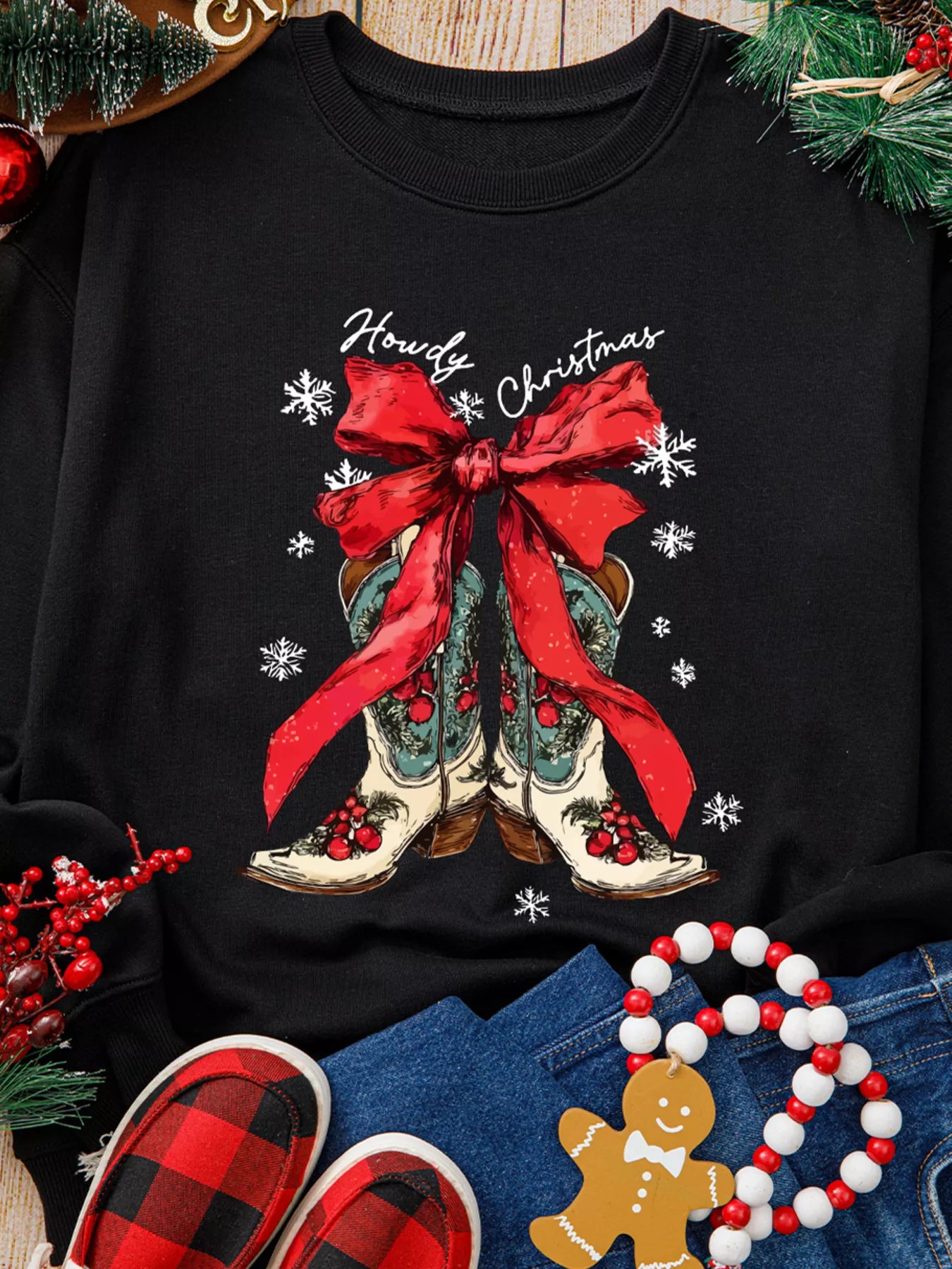 Howdy Christmas Ribbon Bow Knot Western Boots Graphic Sweatshirt - PBNJ FASHIONS