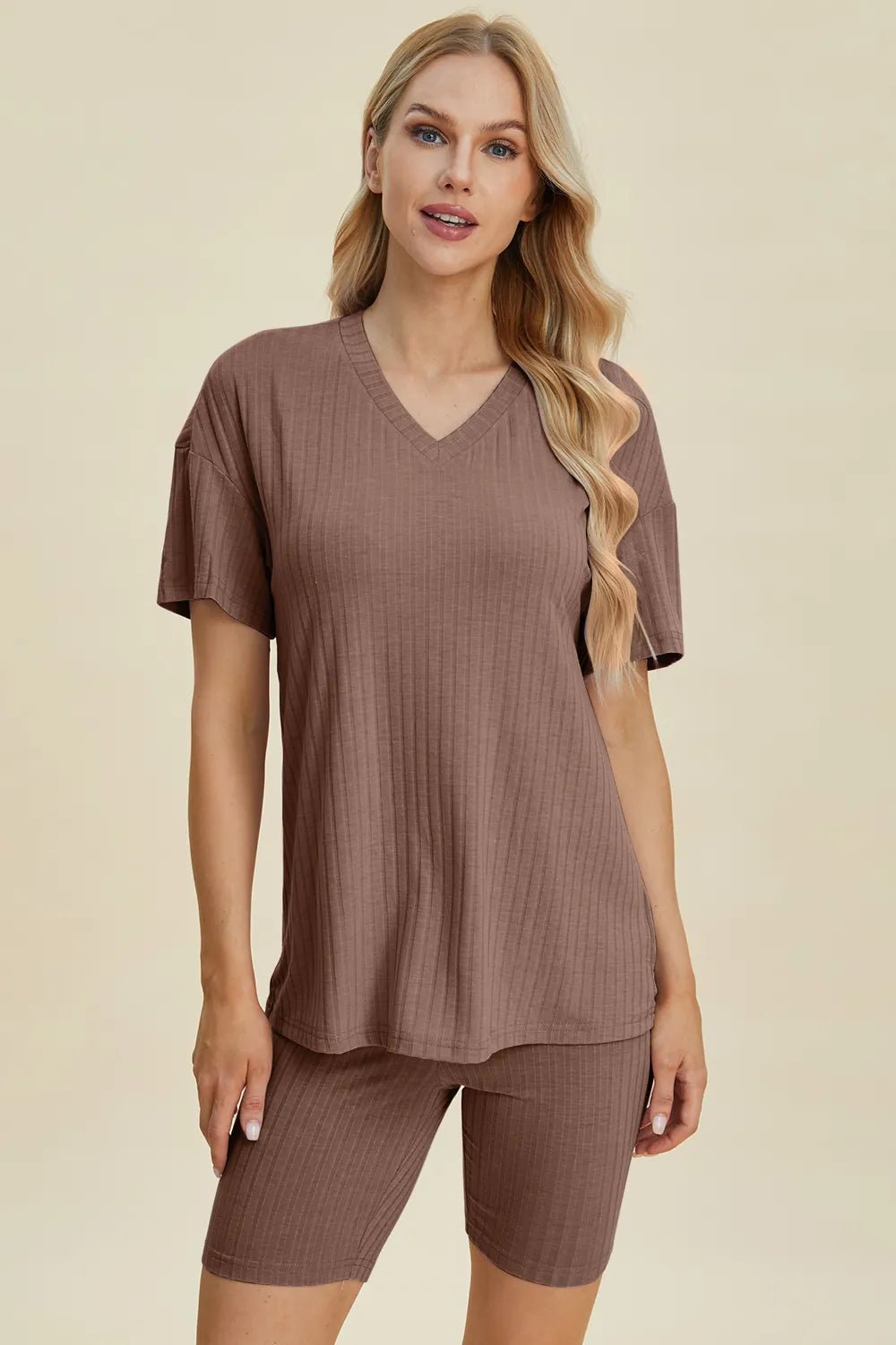 Basic Bae Full Size Ribbed V - Neck Short Sleeve Top and Shorts Set - PBNJ FASHIONS