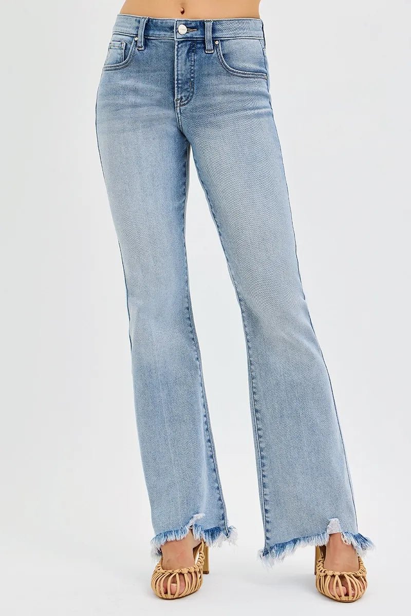 RISEN Full Size Tummy Control Mid Rise Flare Jeans with Fray Hem Detailed Plus Size - PBNJ FASHIONS